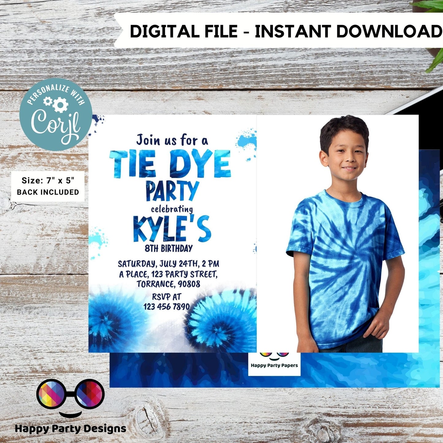 Editable Tie Dye Invitation with photo | Blue Tie Dye Birthday Invitations | Editable Tie Dye Party Invite | Printable Tie-Dye #K228