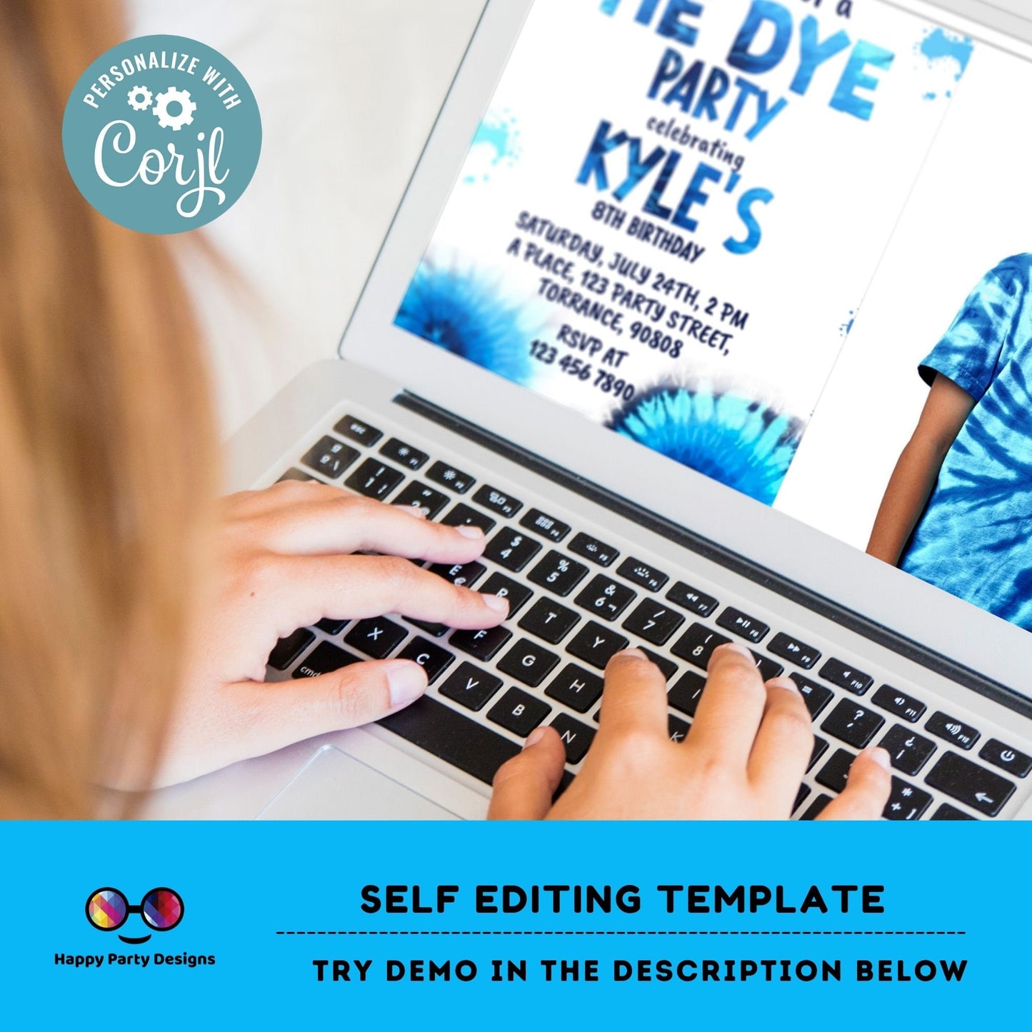 Editable Tie Dye Invitation with photo | Blue Tie Dye Birthday Invitations | Editable Tie Dye Party Invite | Printable Tie-Dye #K228