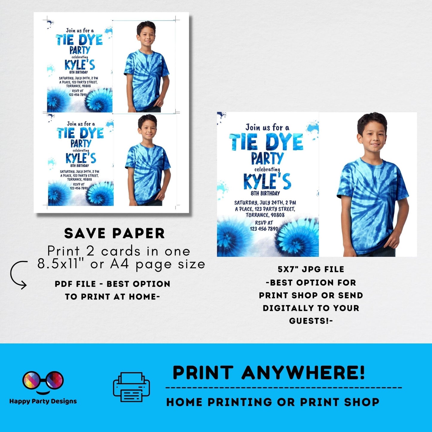 Editable Tie Dye Invitation with photo | Blue Tie Dye Birthday Invitations | Editable Tie Dye Party Invite | Printable Tie-Dye #K228