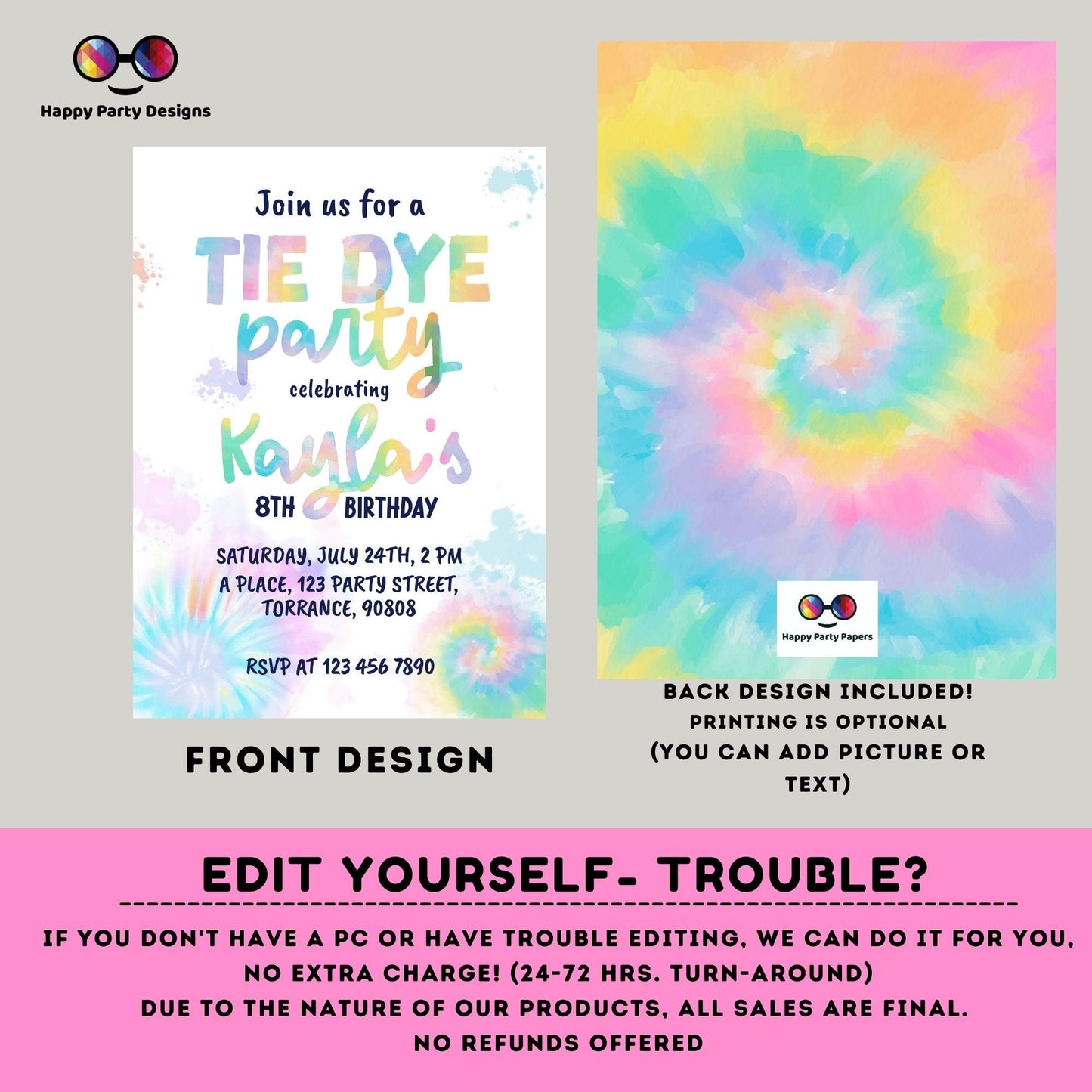 Editable Tie Dye Invitation Instant Download | Pink Tie Dye Birthday Invitations | Editable Tie Dye Party Invite | Printable Tie-Dye #K228