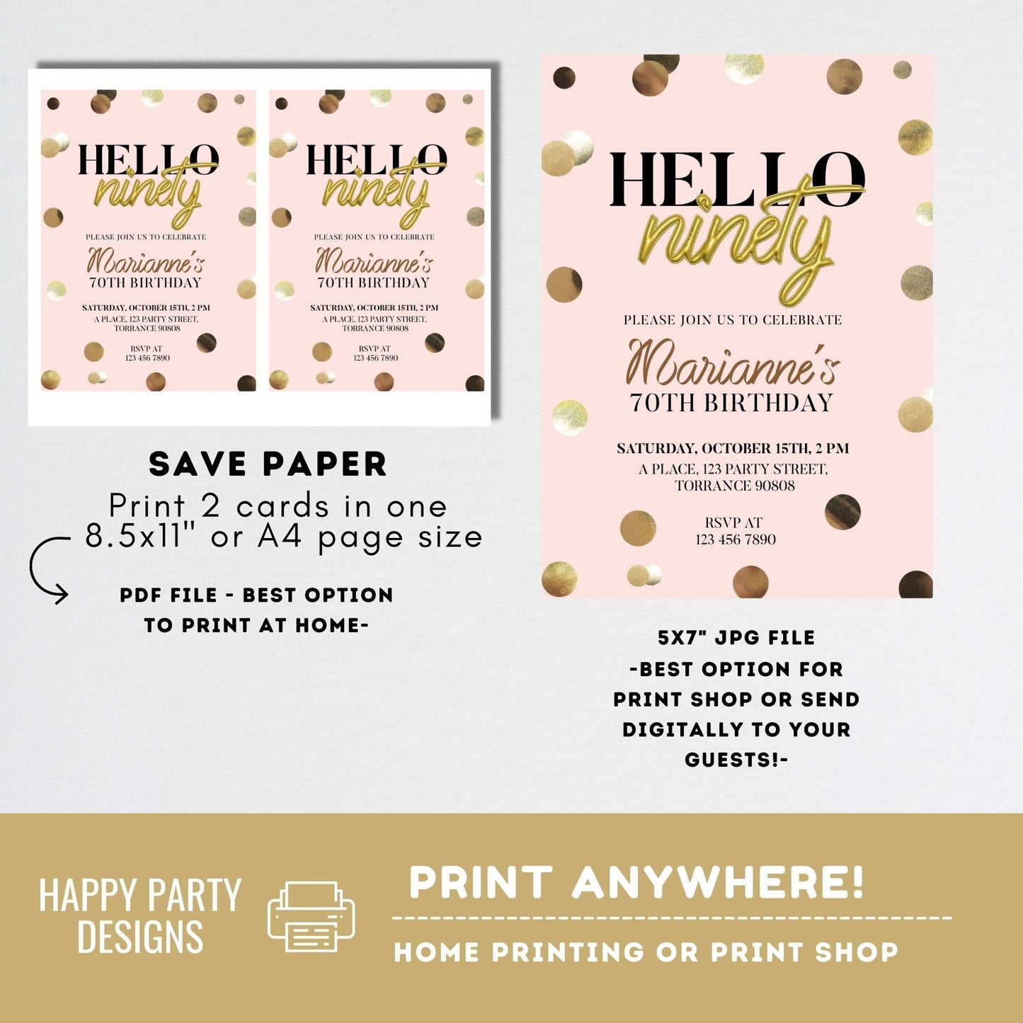 Hello ninety invitation | woman birthday | 90th Birthday Invitation For Women | Printable 90th Birthday Party Invitation #A23