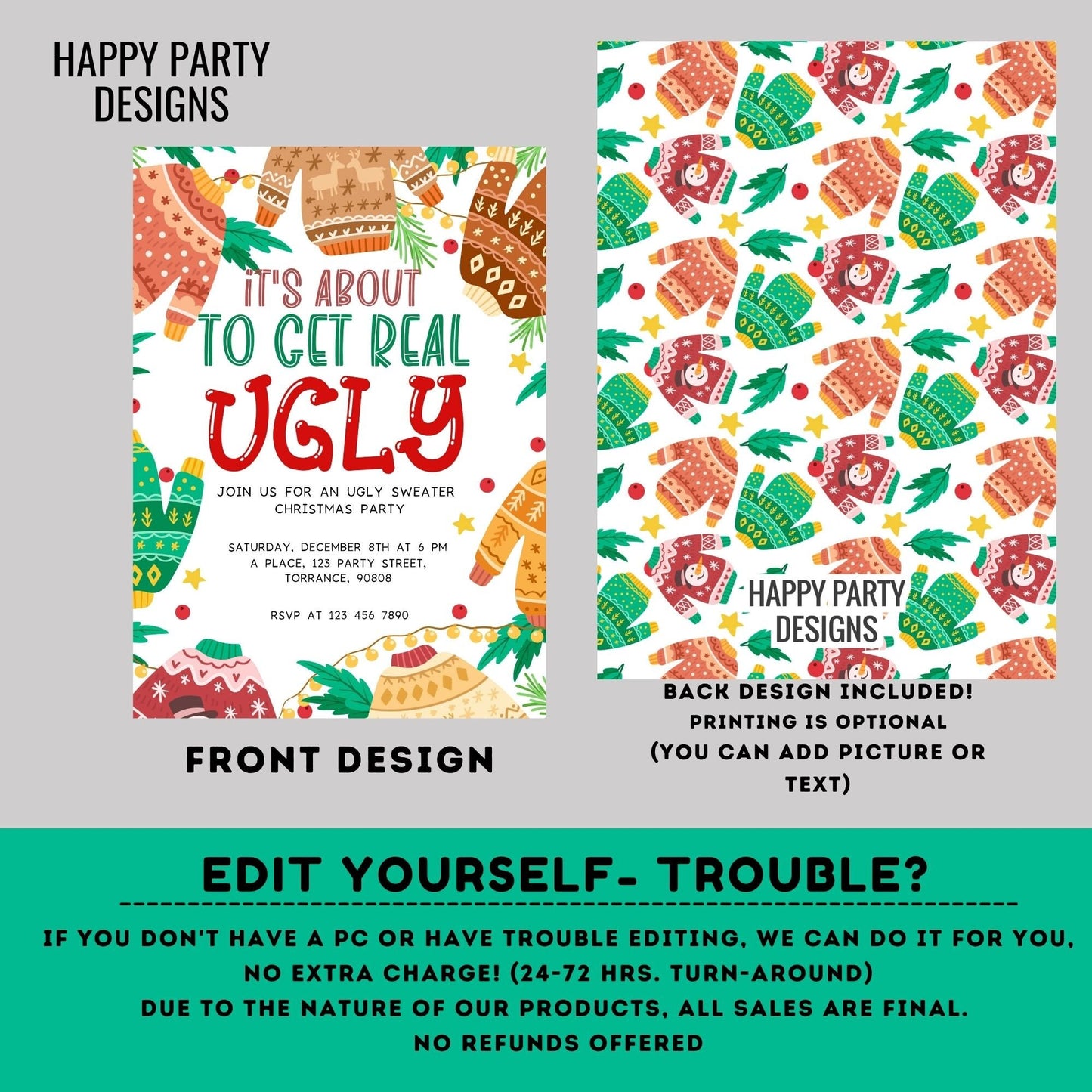 Editable Ugly Sweater Party Invitation | Christmas Party printable invite | Ugly sweater Invitation | Ugly Christmas Invitations #A26