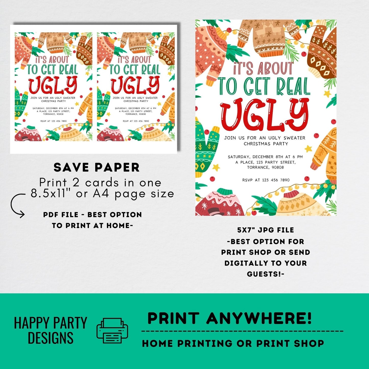 Editable Ugly Sweater Party Invitation | Christmas Party printable invite | Ugly sweater Invitation | Ugly Christmas Invitations #A26