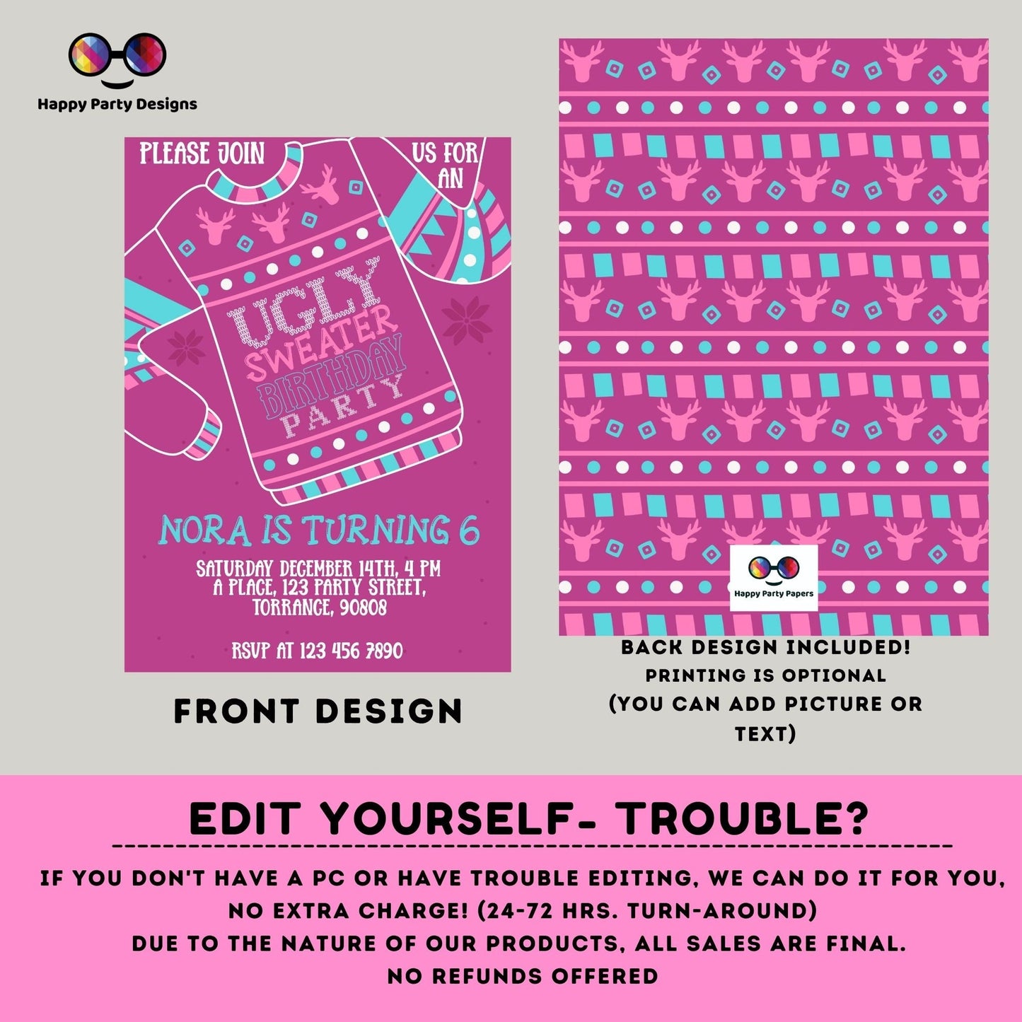 Editable Ugly Sweater Birthday Invitation | Christmas birthday printable invite | Ugly sweater Invitation | Ugly Christmas Invitations #A28