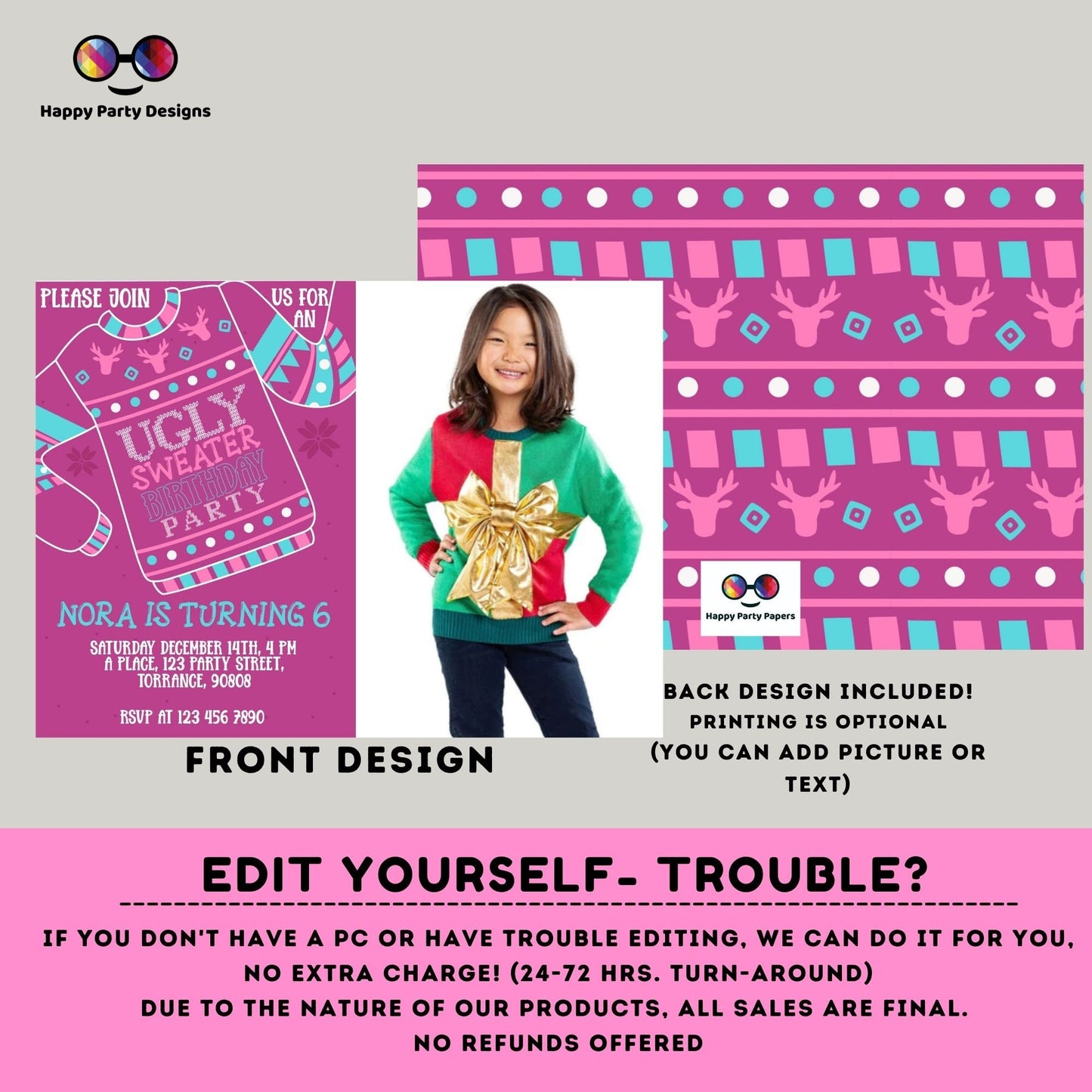 Editable Ugly Sweater Birthday Invitation with photo | Christmas birthday printable invite | Ugly sweater Invitation | Ugly Christmas #A28