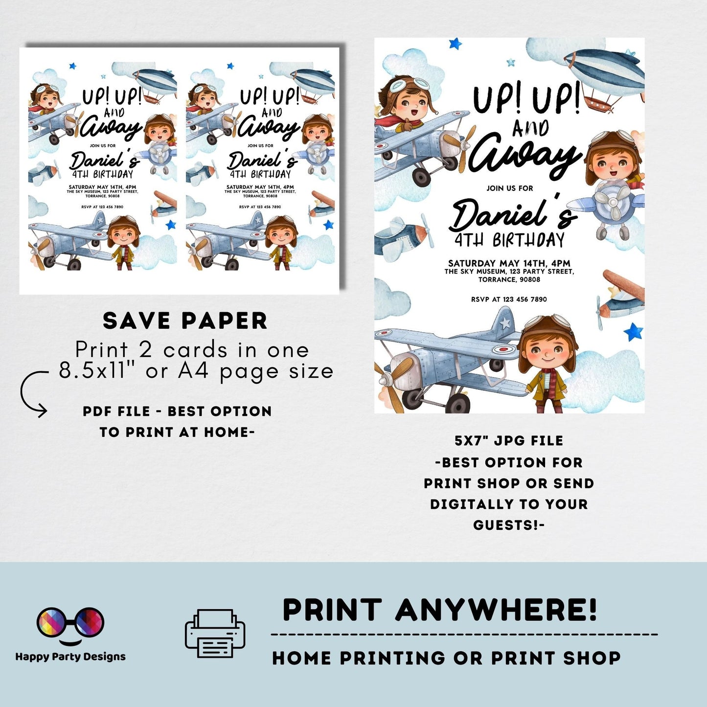 Editable Up Up and Away Invite | Airplane Birthday Invitation | Airplane Party | Plane invitation | Boy Party Invitation | Airplane #K229