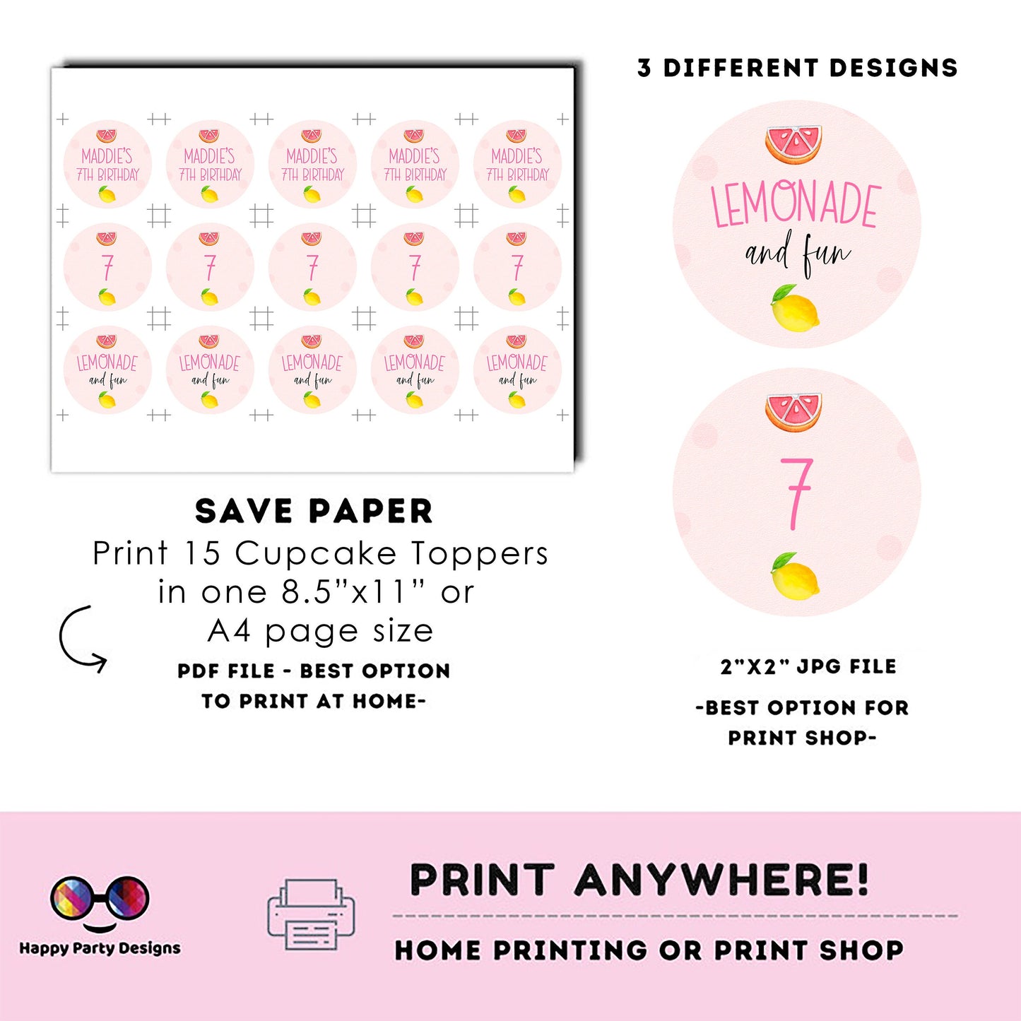 Editable lemonade Round cupcake toppers | lemonade birthday | lemonade Birthday Party | lemonade themed | lemonade Girl Birthday Party #K100