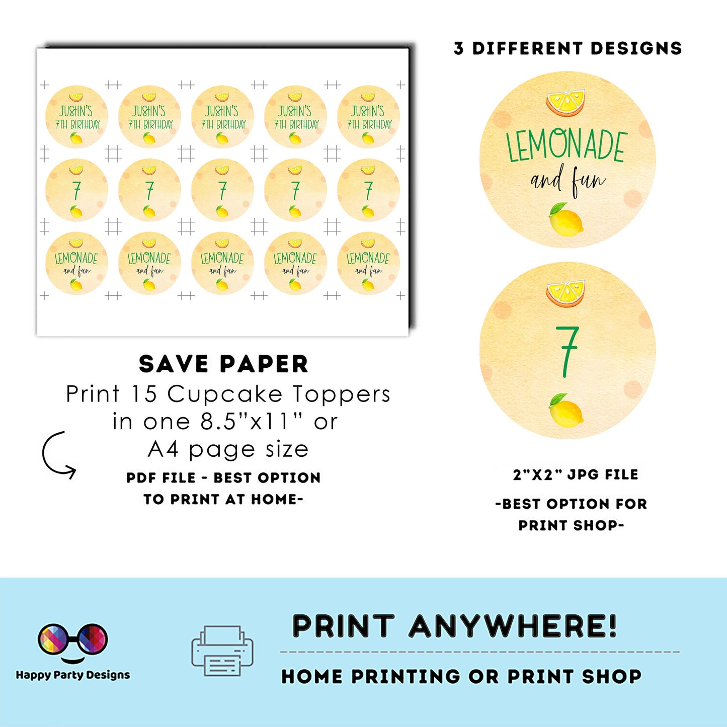 Editable lemonade Round cupcake toppers | lemonade birthday | lemonade Birthday Party | lemonade themed | lemonade Boy Birthday Party #K101
