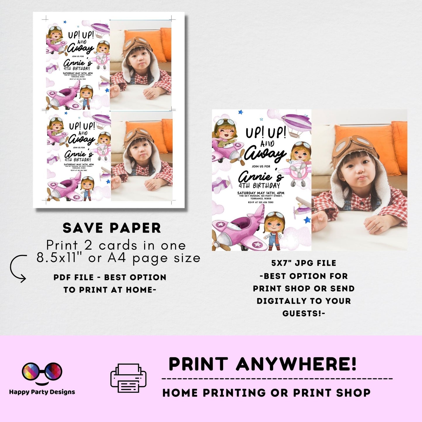 Editable Up Up and Away Invite with photo | Airplane Birthday Invitation | Airplane Party | Plane invitation | girl Party Airplane #K229