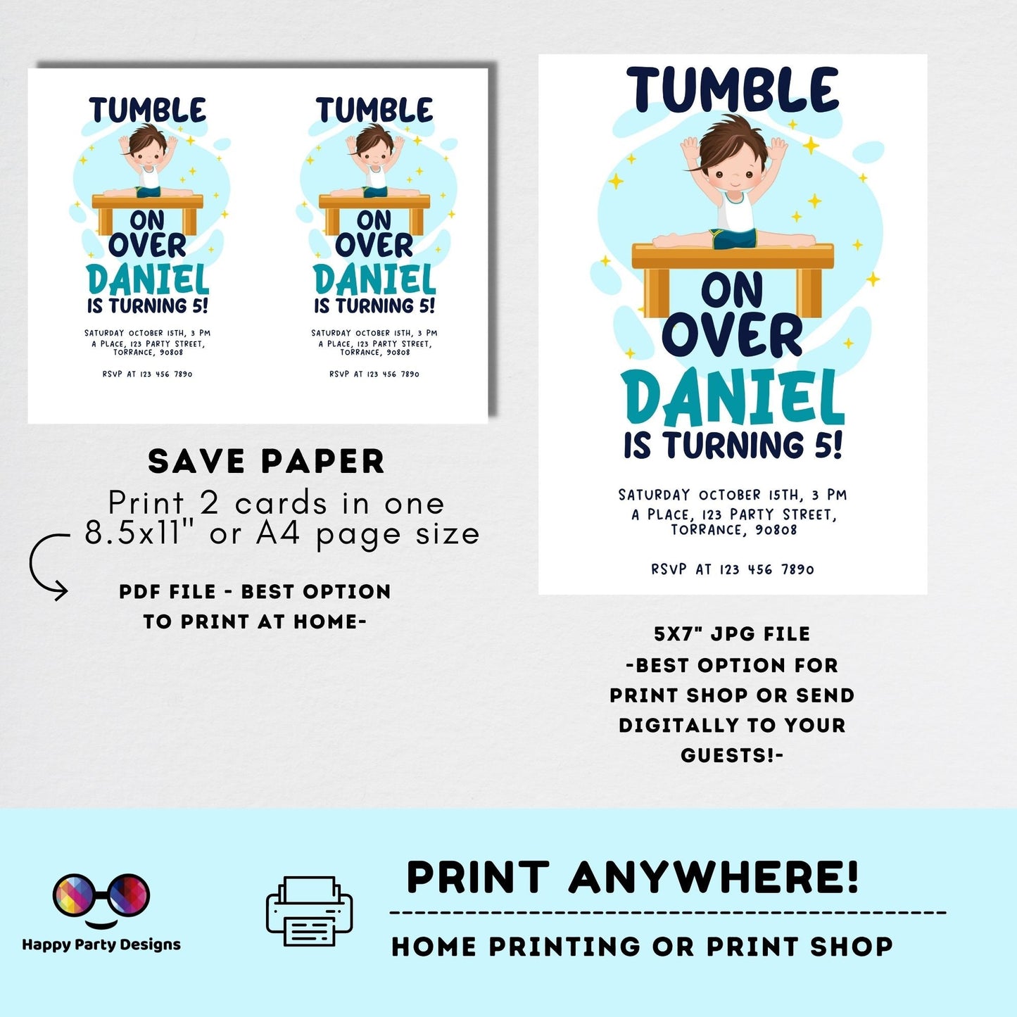 Editable Gymnastics Birthday Invitation | Sports Invitation | Boy Tumbling Gymnasts Birthday Invite | tumble on over Party Invite #K232