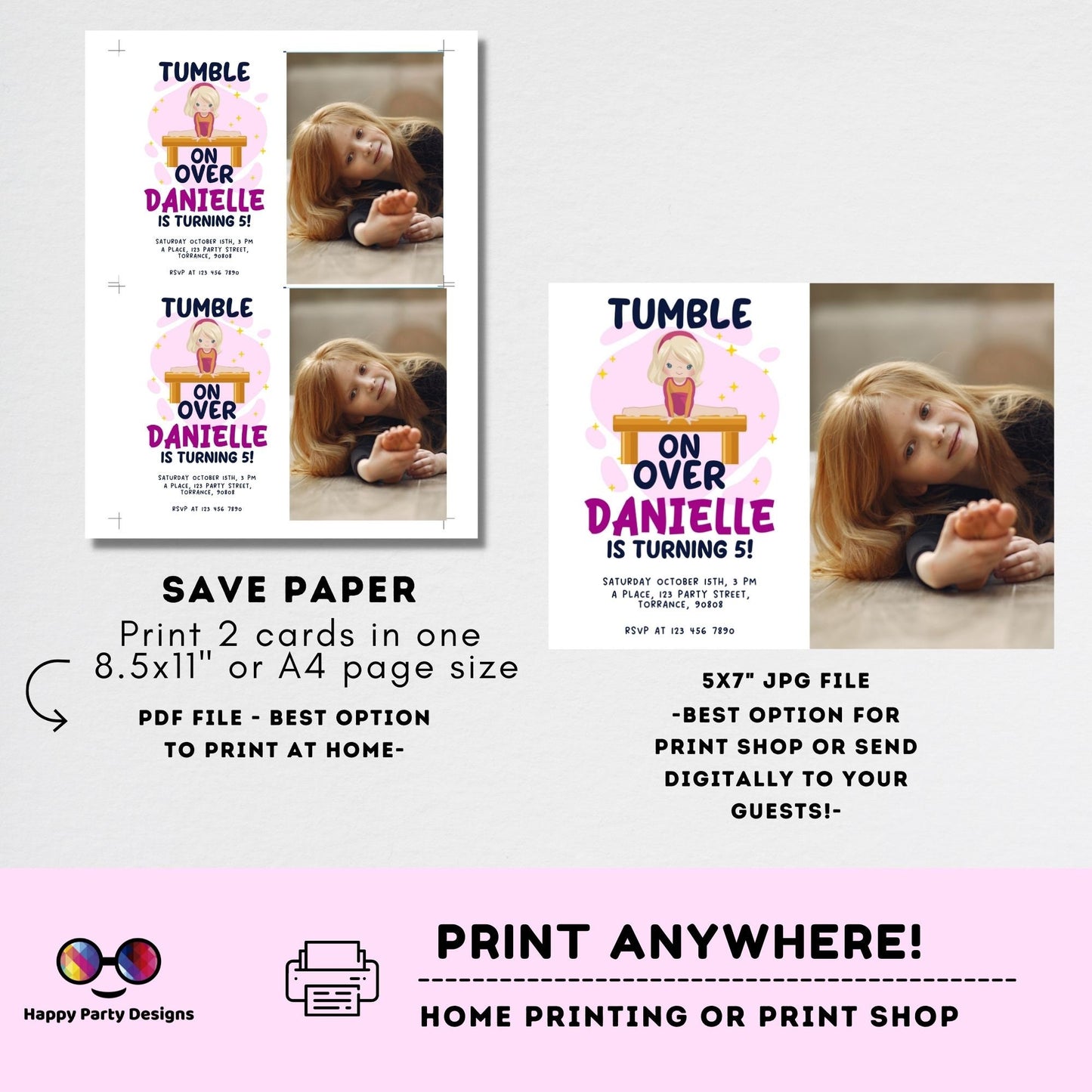 Editable Gymnastics Birthday Invitation with photo | Sports Invitation | Girl Tumbling Gymnasts Birthday Invite | tumble on over Party #K232