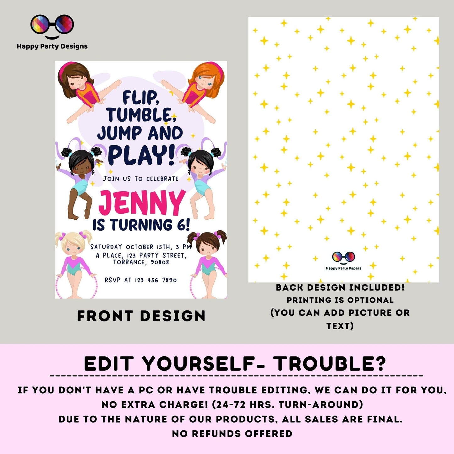 Flip, tumble, Jump and Play Editable Gymnastics Birthday Invitation | Girl Tumbling Gymnast Birthday Invite | tumble on over Party #K233