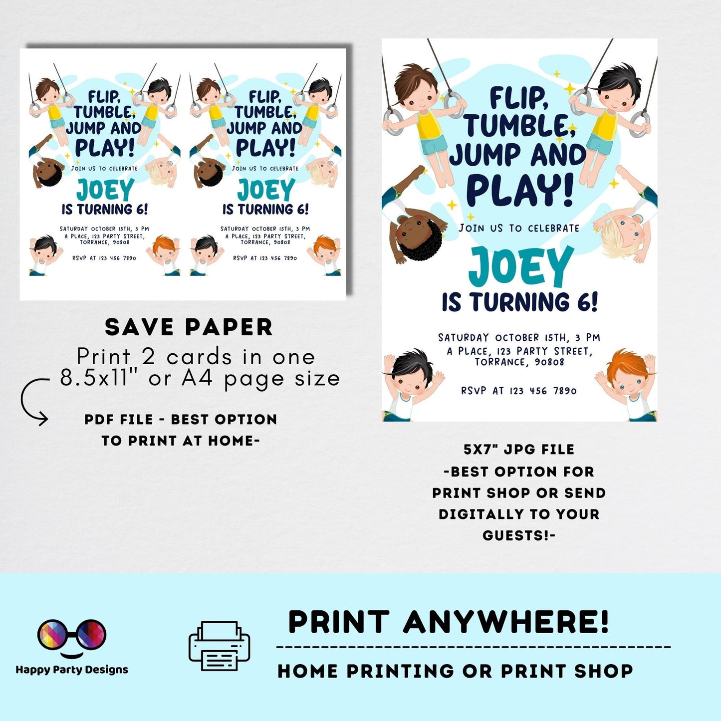 Flip, tumble, Jump and Play Editable Gymnastics Birthday Invitation | Boy Tumbling Gymnast Birthday Invite | tumble on over Party #K233