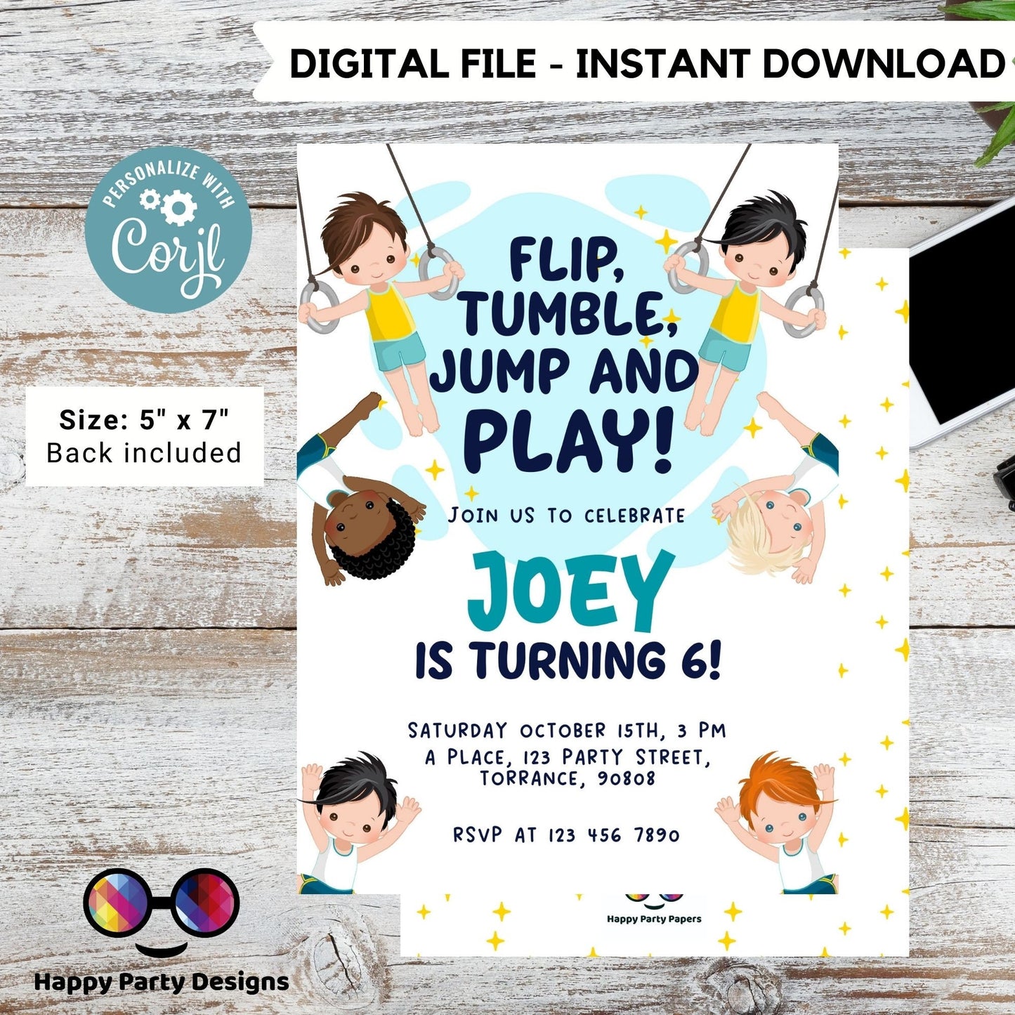 Flip, tumble, Jump and Play Editable Gymnastics Birthday Invitation | Boy Tumbling Gymnast Birthday Invite | tumble on over Party #K233