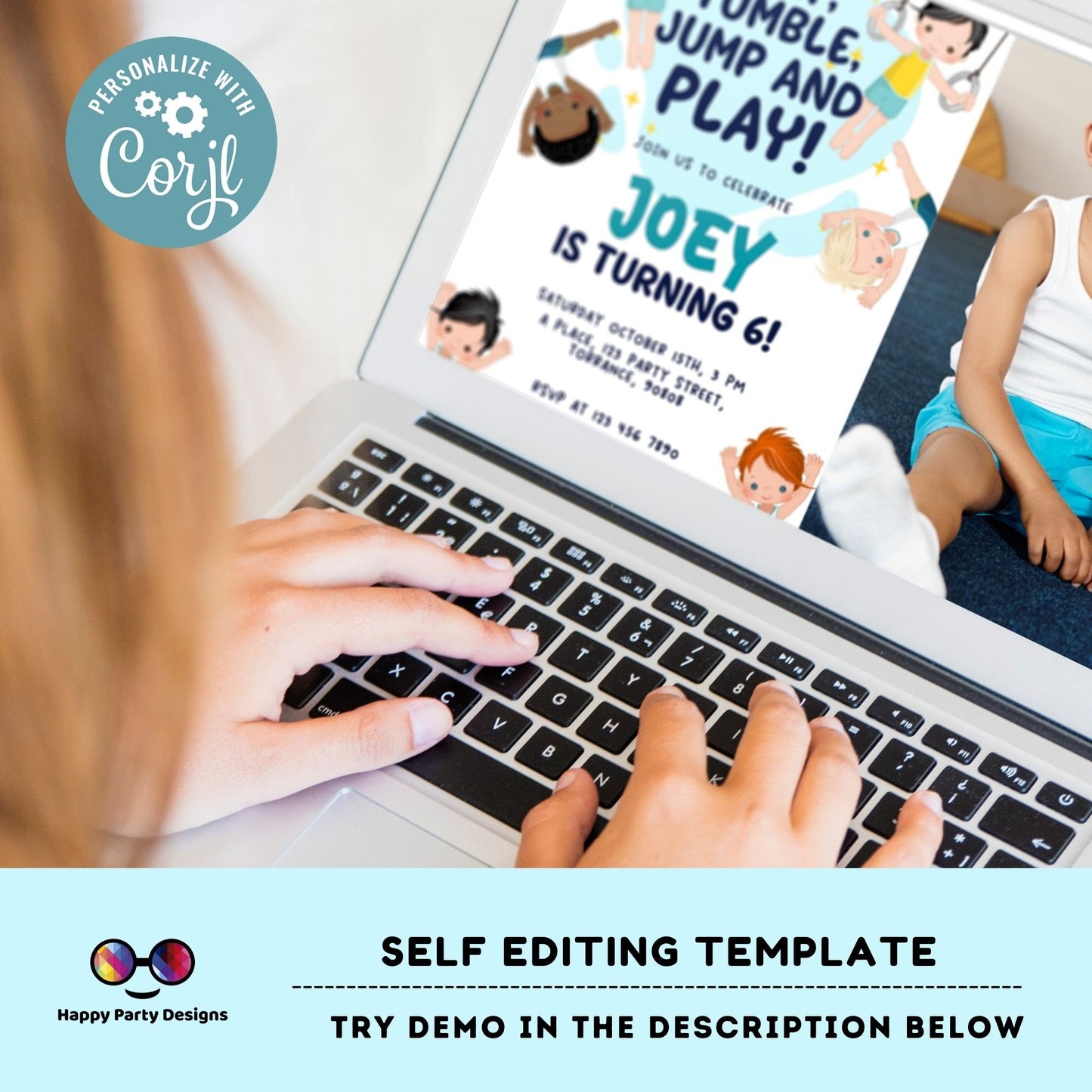 Flip, tumble, Jump and Play Editable Gymnastics Birthday Invitation with photo | Boy Tumbling Gymnast Birthday Invite | tumble on over #K233
