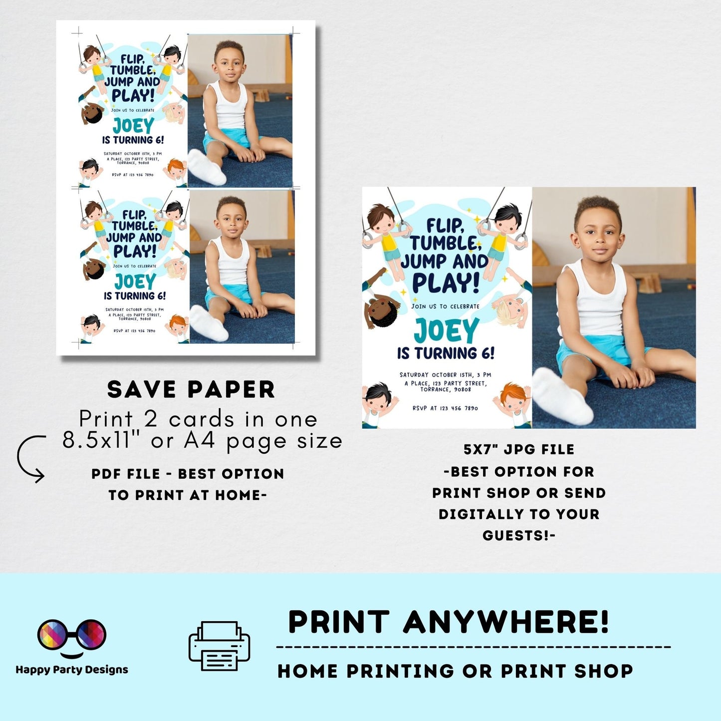 Flip, tumble, Jump and Play Editable Gymnastics Birthday Invitation with photo | Boy Tumbling Gymnast Birthday Invite | tumble on over #K233