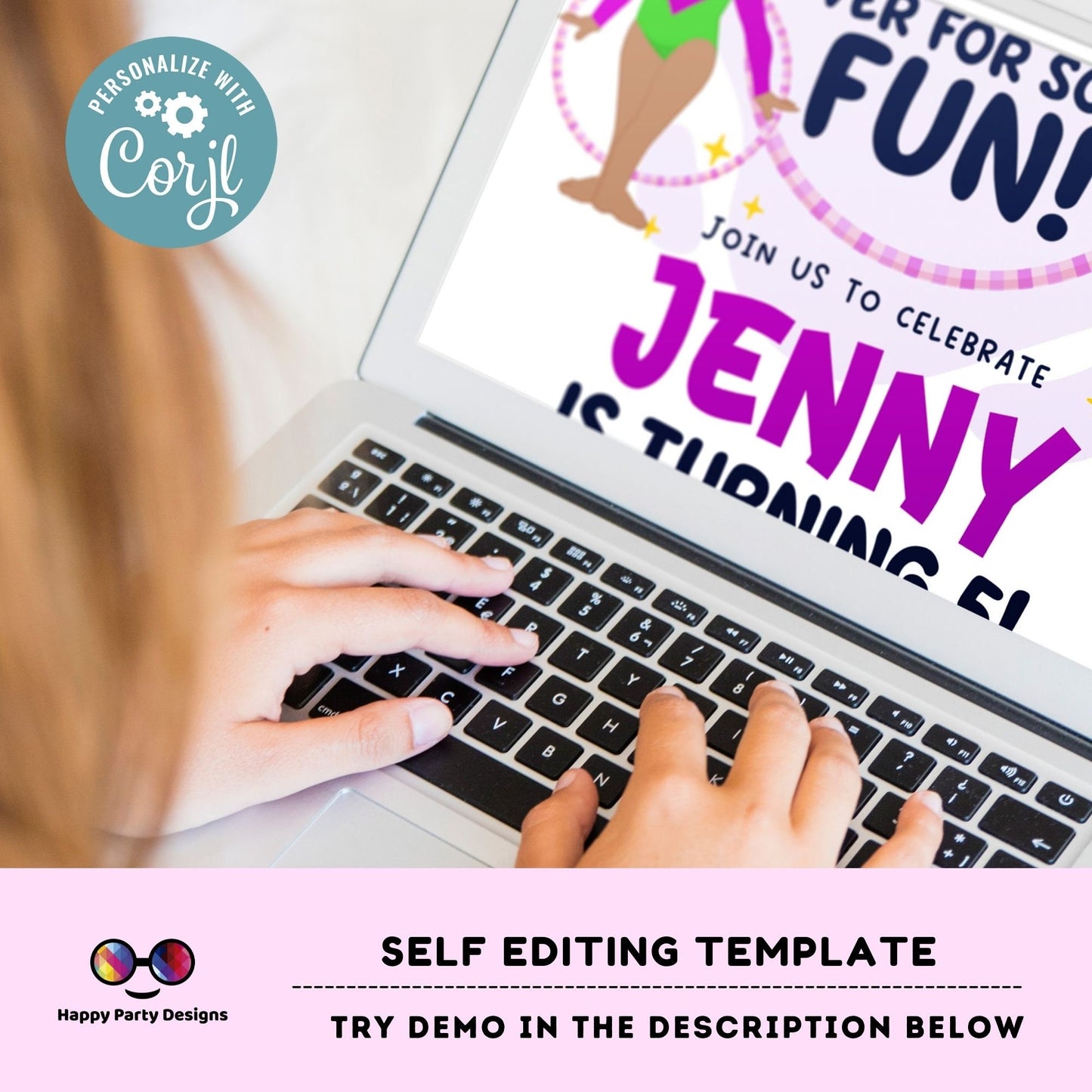 Hoop on over for some fun Editable Gymnastics Birthday Invitation | Girl Hula hoop Gymnast Birthday Invite | gymnastics Party #K234