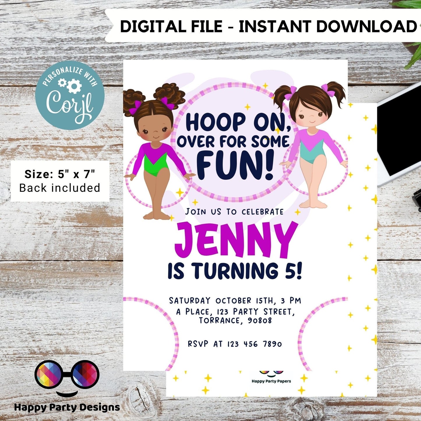 Hoop on over for some fun Editable Gymnastics Birthday Invitation | Girl Hula hoop Gymnast Birthday Invite | gymnastics Party #K234