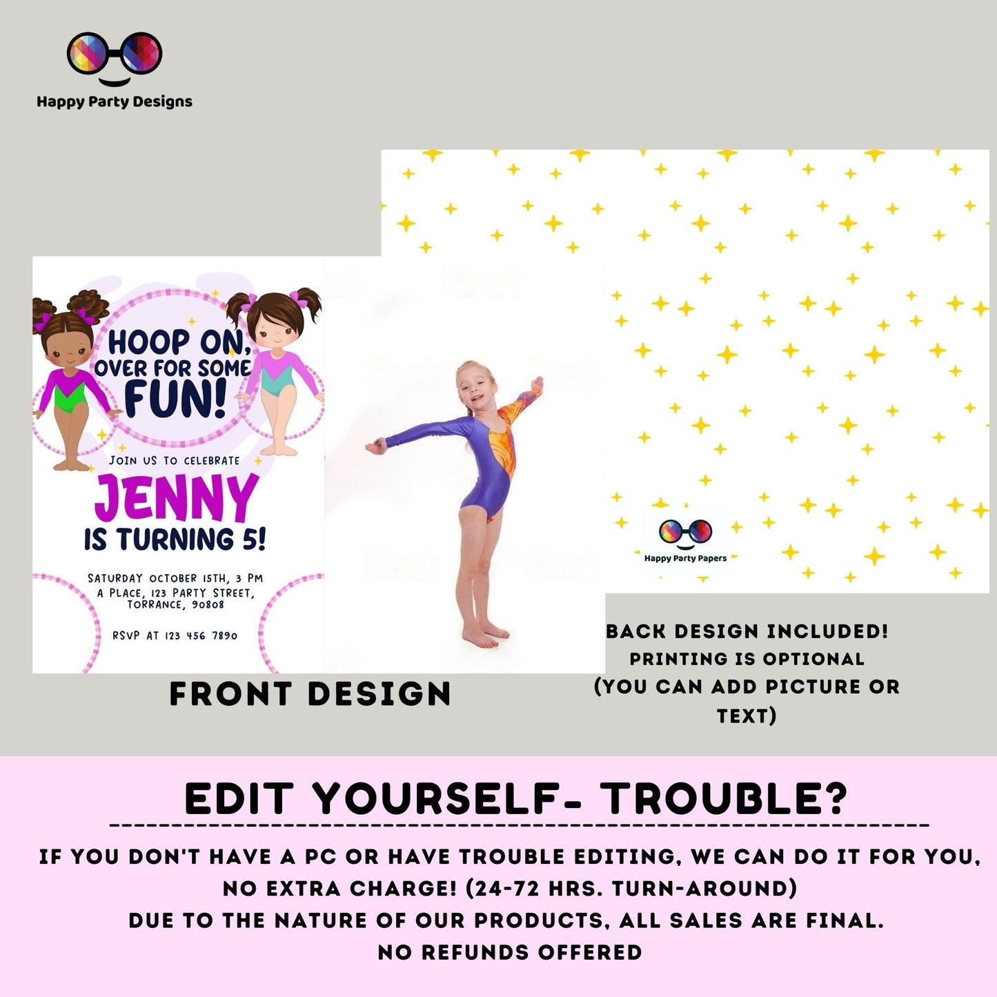 Hoop on over for some fun Editable Gymnastics Birthday Invitation with photo | Girl Hula hoop Gymnast Birthday | gymnastics Party #K234