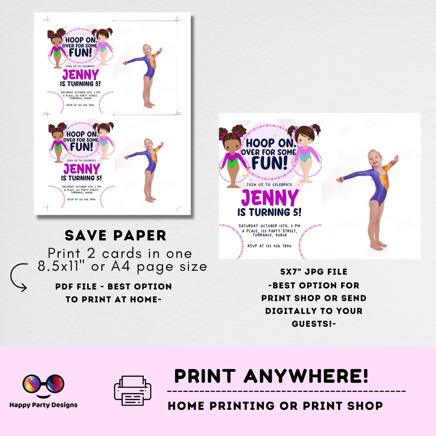 Hoop on over for some fun Editable Gymnastics Birthday Invitation with photo | Girl Hula hoop Gymnast Birthday | gymnastics Party #K234