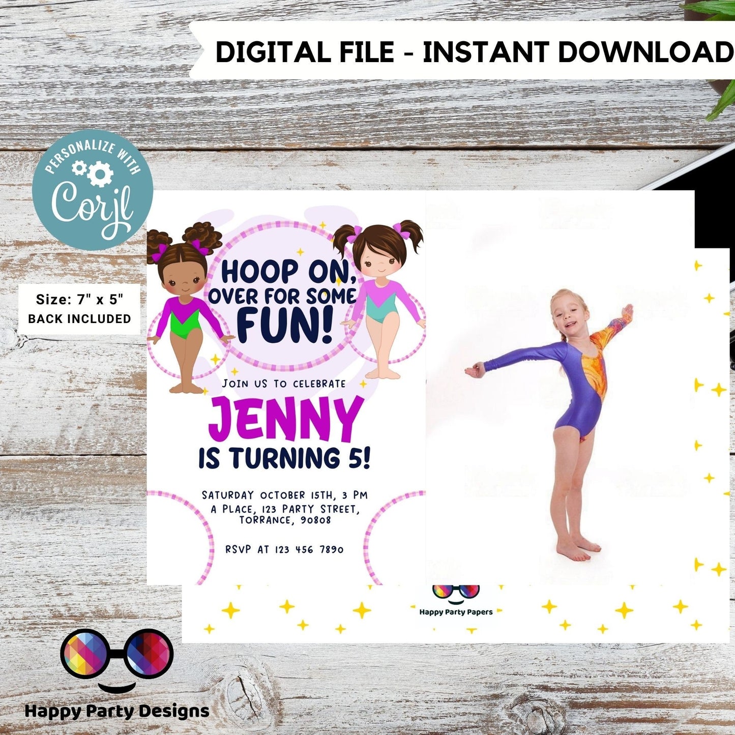 Hoop on over for some fun Editable Gymnastics Birthday Invitation with photo | Girl Hula hoop Gymnast Birthday | gymnastics Party #K234
