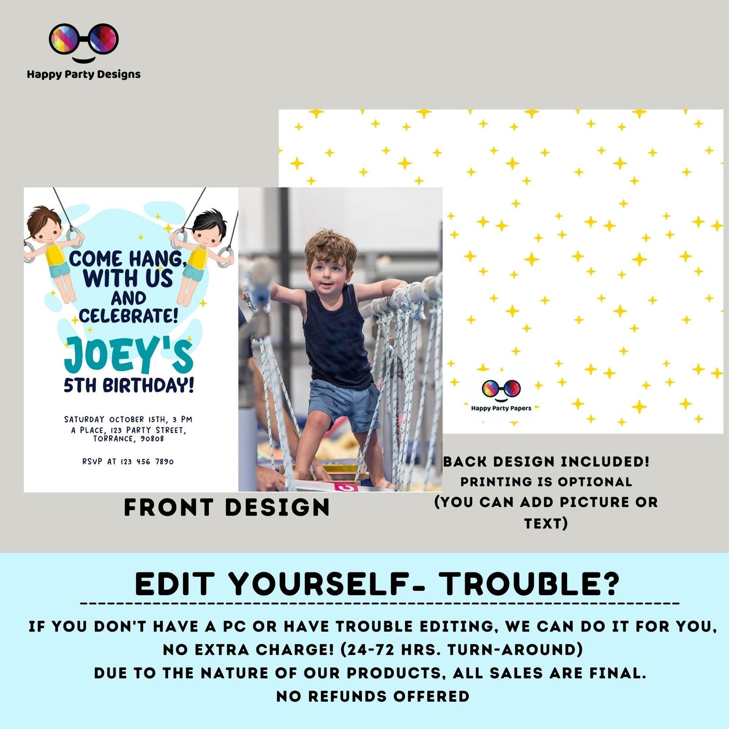 Editable Rings Gymnastics Birthday Invitation | Gymnastic rings Invitation | Boy Gymnasts Birthday Invite | Artistic gymnastics #K235