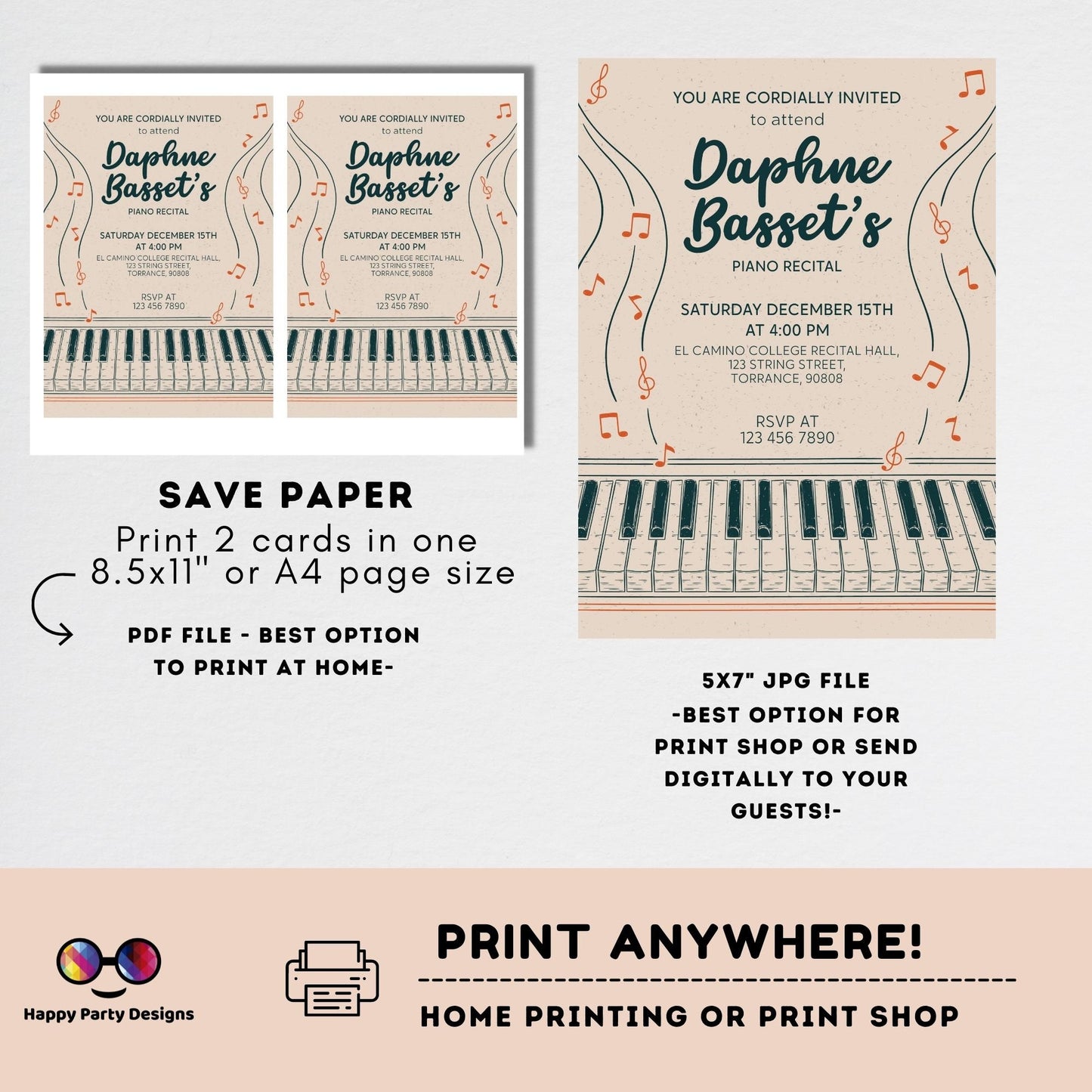EDITABLE Piano Recital Invitation Template | Orchestra Concert | Instant Download | Digital | Personalize Online | musical | music #K236