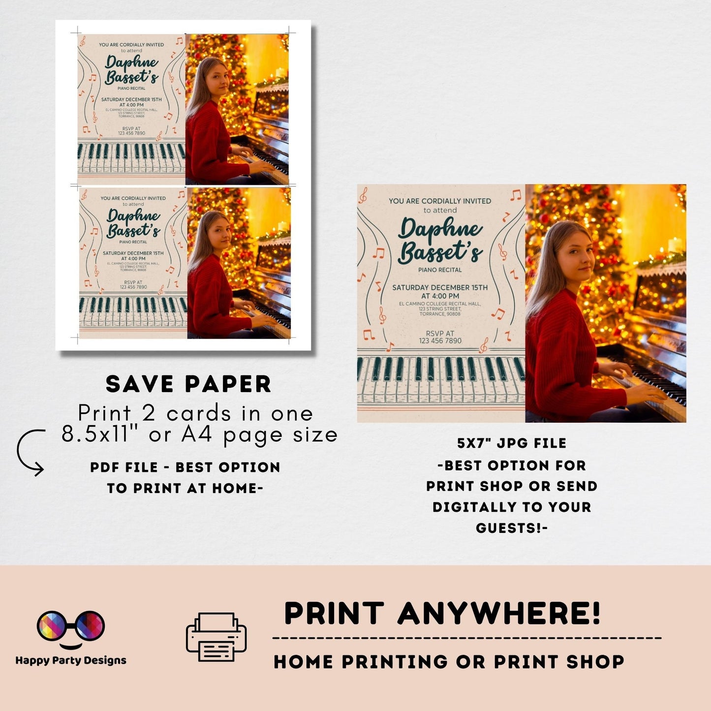 EDITABLE Piano Recital Invitation Template with photo | Orchestra Concert | Instant Download | Digital | Personalize Online | musical #K236