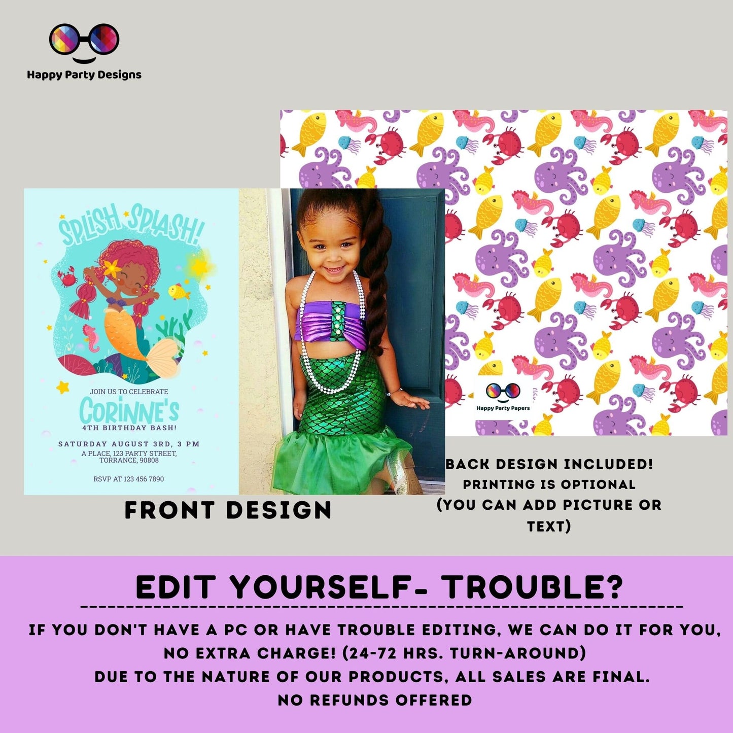 Editable Mermaid Invitation with photo | African American mermaid party | Mermaid Birthday | Mermaid Digital File | INSTANT download #K237