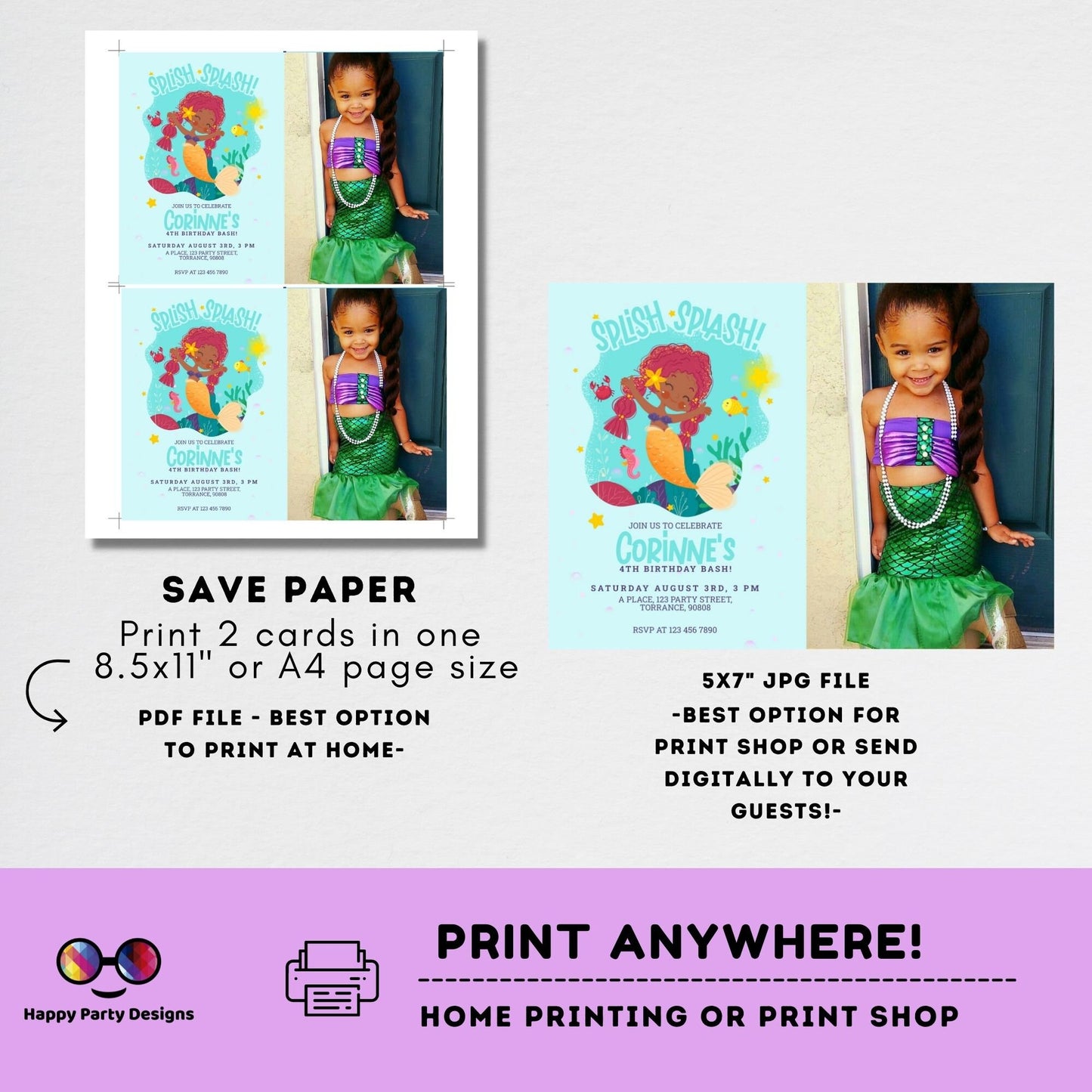 Editable Mermaid Invitation with photo | African American mermaid party | Mermaid Birthday | Mermaid Digital File | INSTANT download #K237