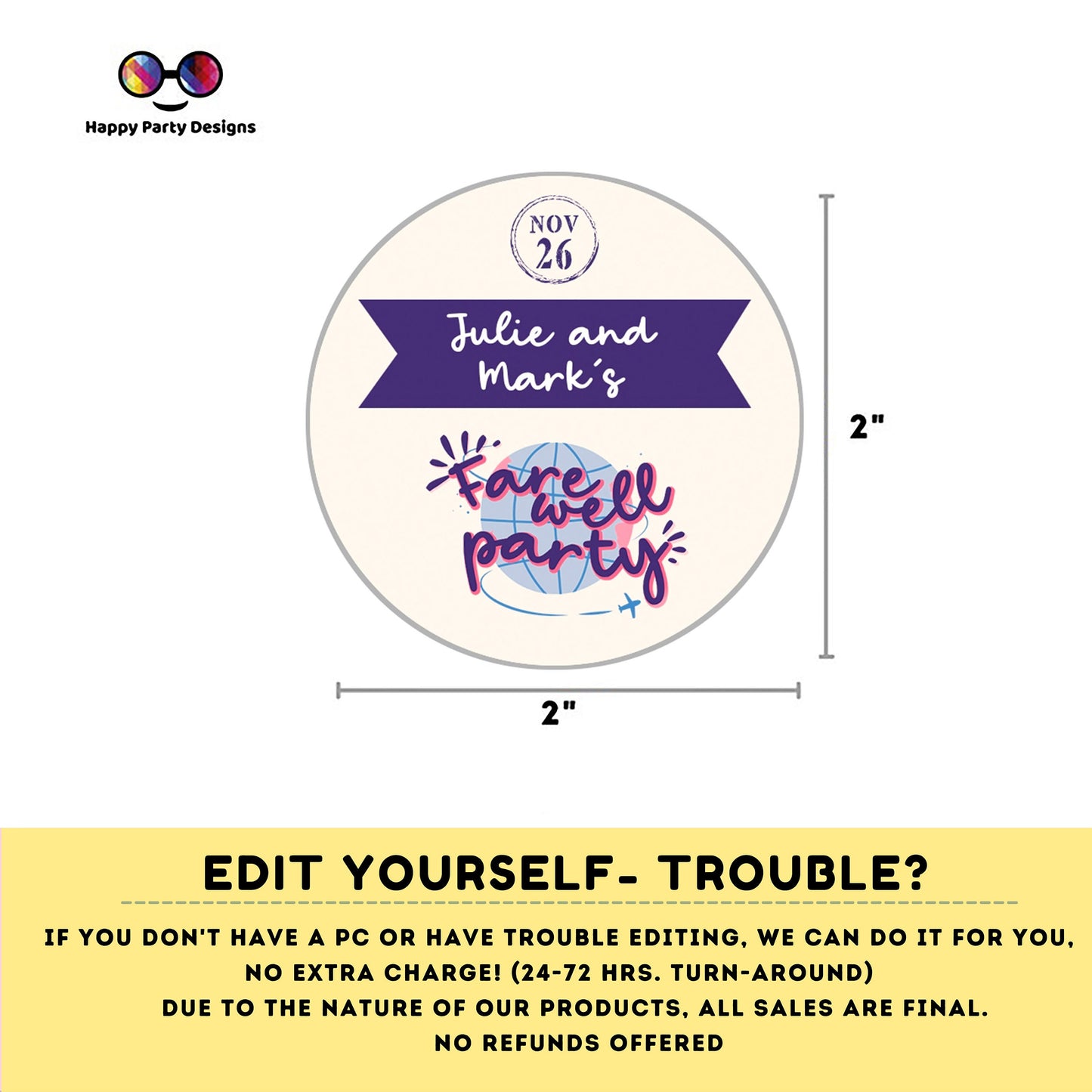 Farewell Editable Round Cupcake toppers | Moving party cupcake toppers | Von Voyage Party | Girl Birthday Party | stickers #A8