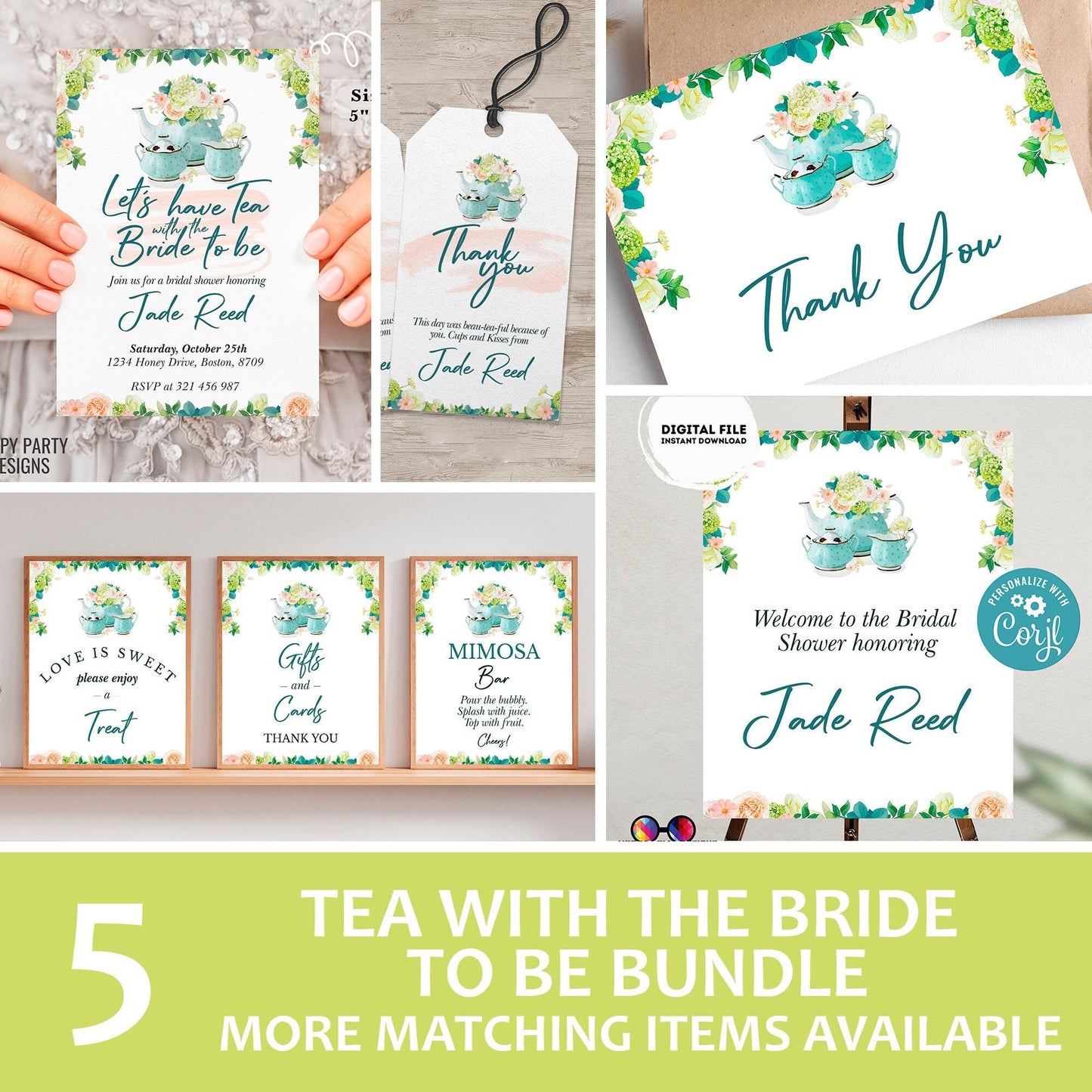 Bridal Shower Tea Party Invitation Template | Bridal bundle Tea Shower Invite | Bridal Brunch | Bridal shower invitation template #W1