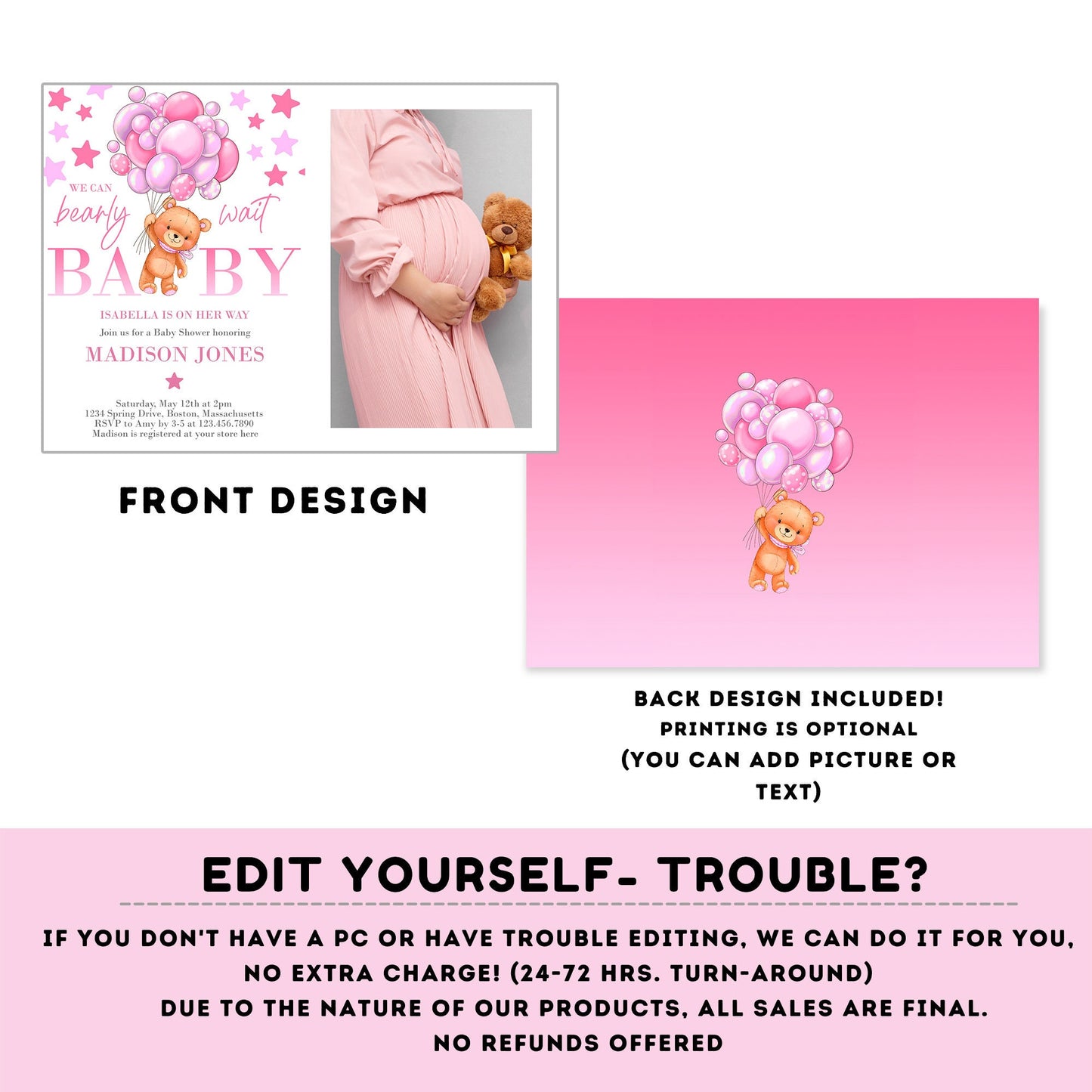 EDITABLE pink Teddy bear baby shower invitation template | teddy bear Invitation with picture | Baby Shower | girl baby shower #B21