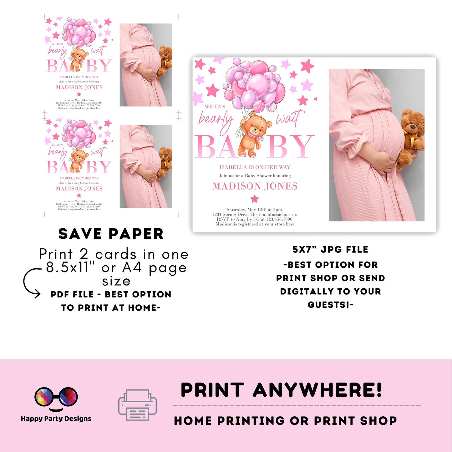 EDITABLE pink Teddy bear baby shower invitation template | teddy bear Invitation with picture | Baby Shower | girl baby shower #B21