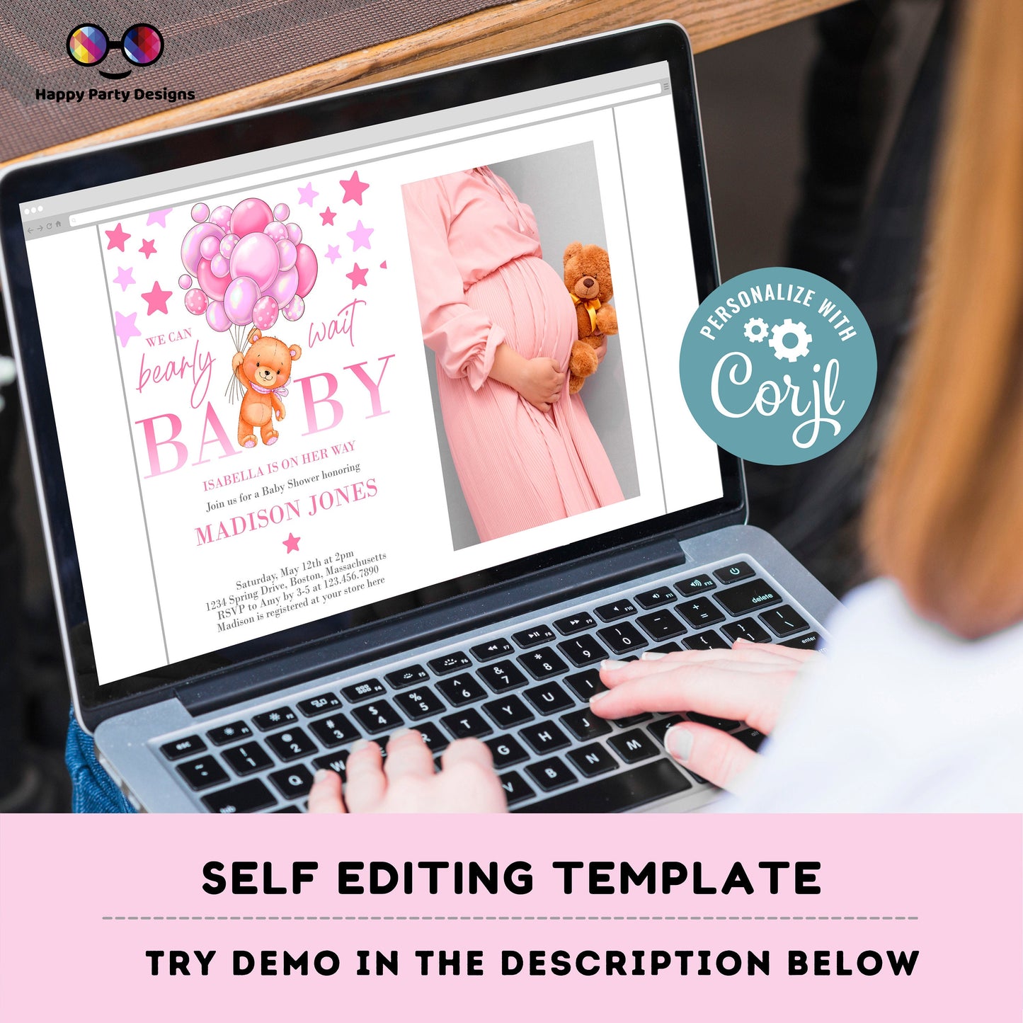 EDITABLE pink Teddy bear baby shower invitation template | teddy bear Invitation with picture | Baby Shower | girl baby shower #B21