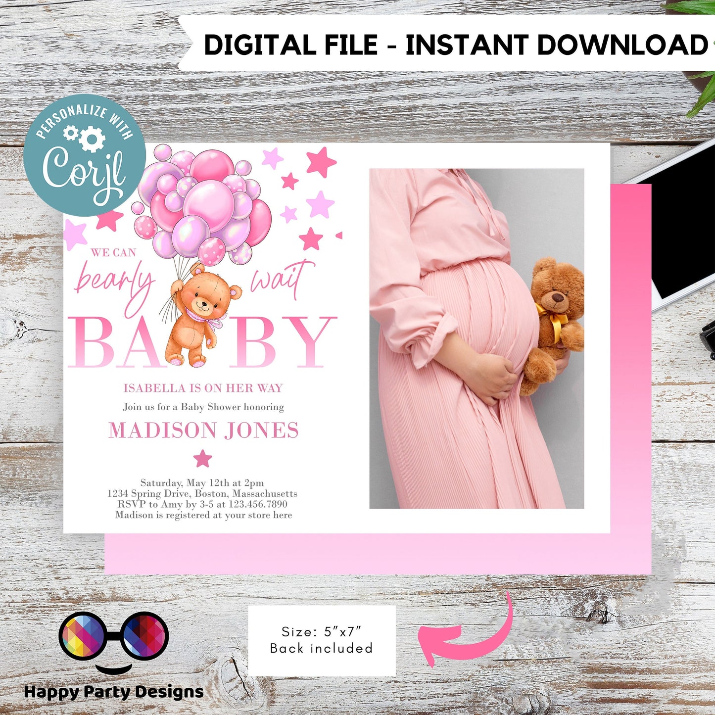 EDITABLE pink Teddy bear baby shower invitation template | teddy bear Invitation with picture | Baby Shower | girl baby shower #B21