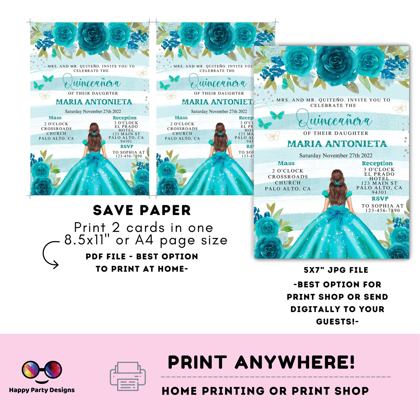 Editable Teal Quinceañera Invitation | EDITABLE TEMPLATE Mis Quince 15 | 16th Birthday Instant Download | Teal Dress quinceañera #K215