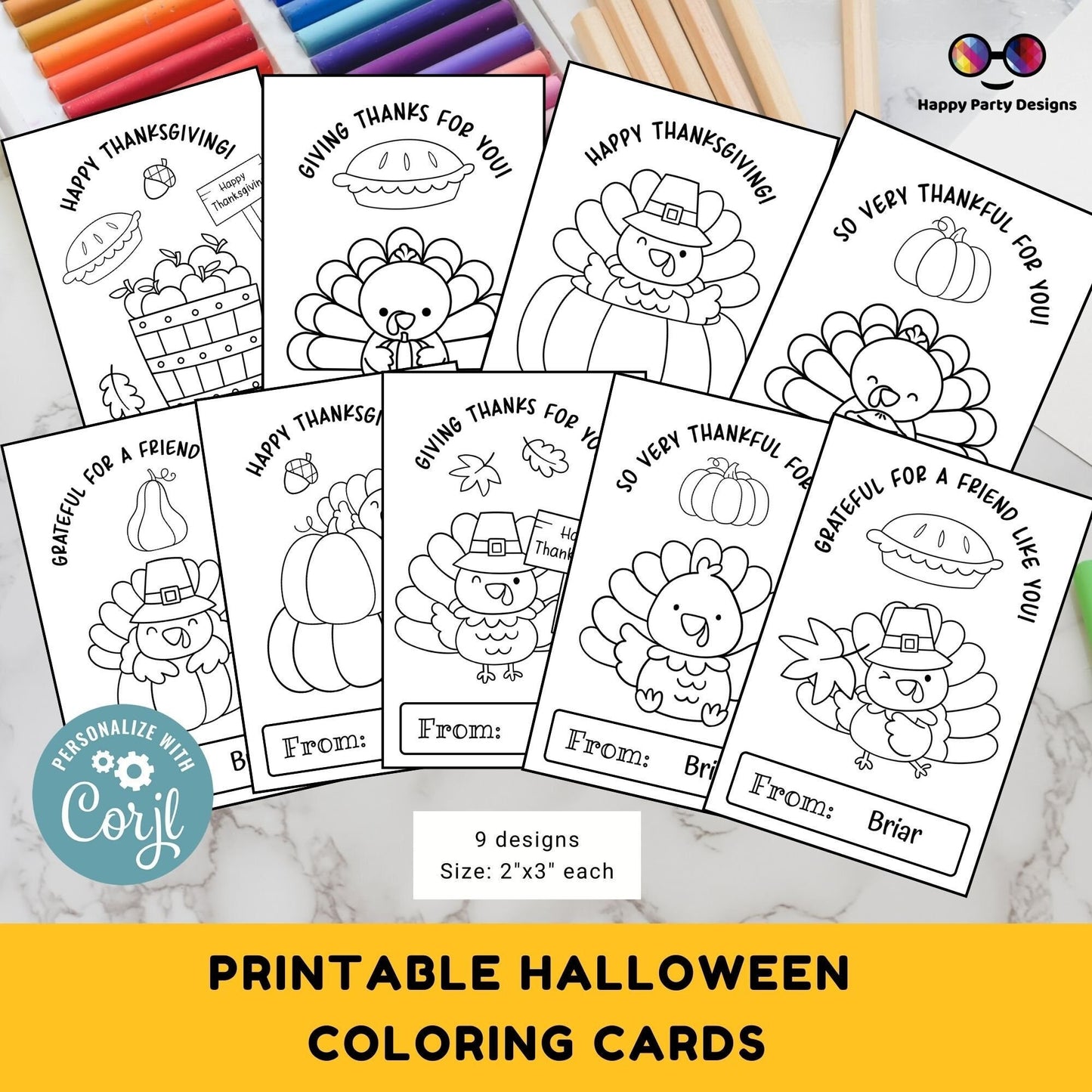 Editable Thanksgiving Printable Coloring Cards Editable Set of 9 | for Kids | Thanksgiving Coloring Activity | Thanksgiving activity