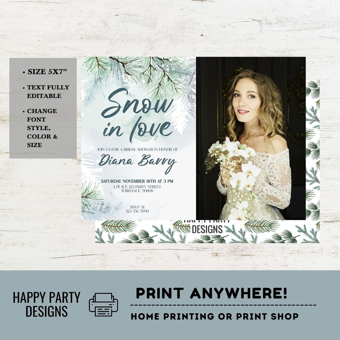 Editable Snow in love Themed Bridal Shower Invitation with photo | Winter Bridal Shower Invitation | Winter Bride Instant | Winter #W18