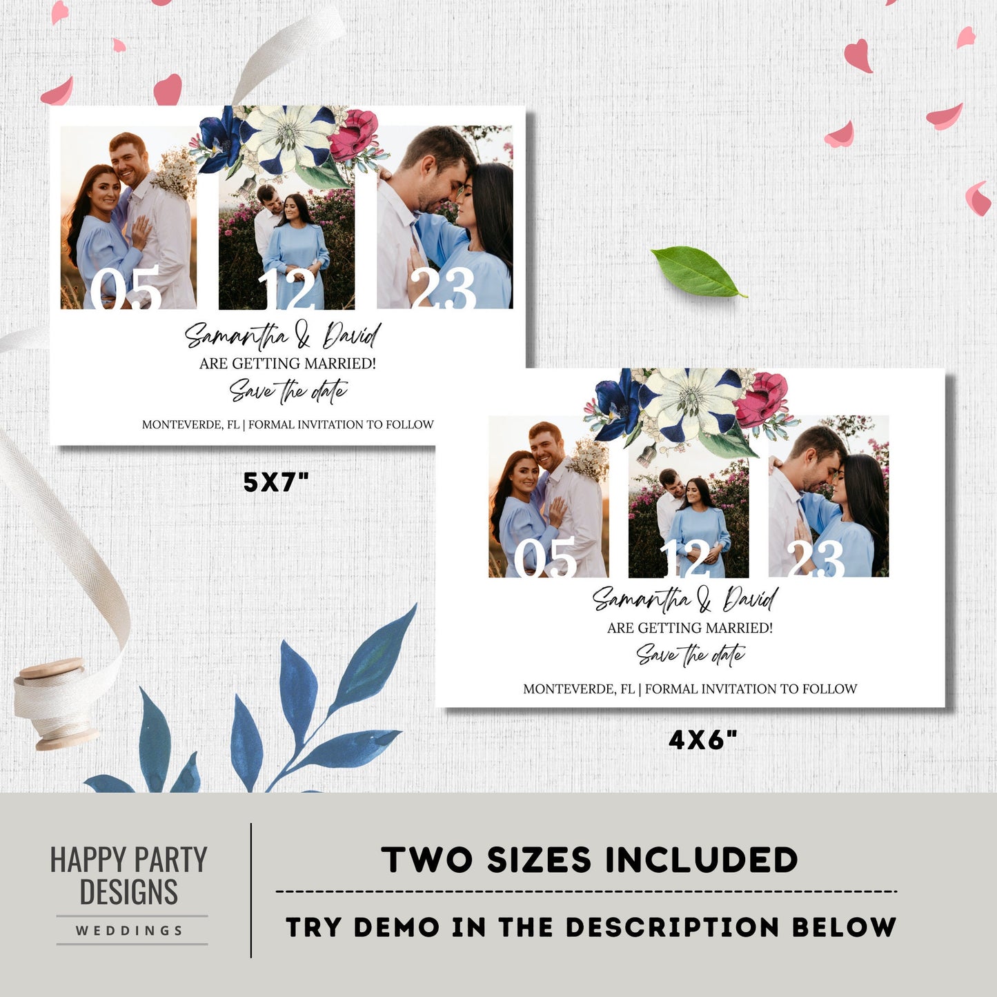 Printable Save The Date Template | Editable electronic Royal Blue Floral save the date | Romantic wedding | Burgundy floral Wedding #W19