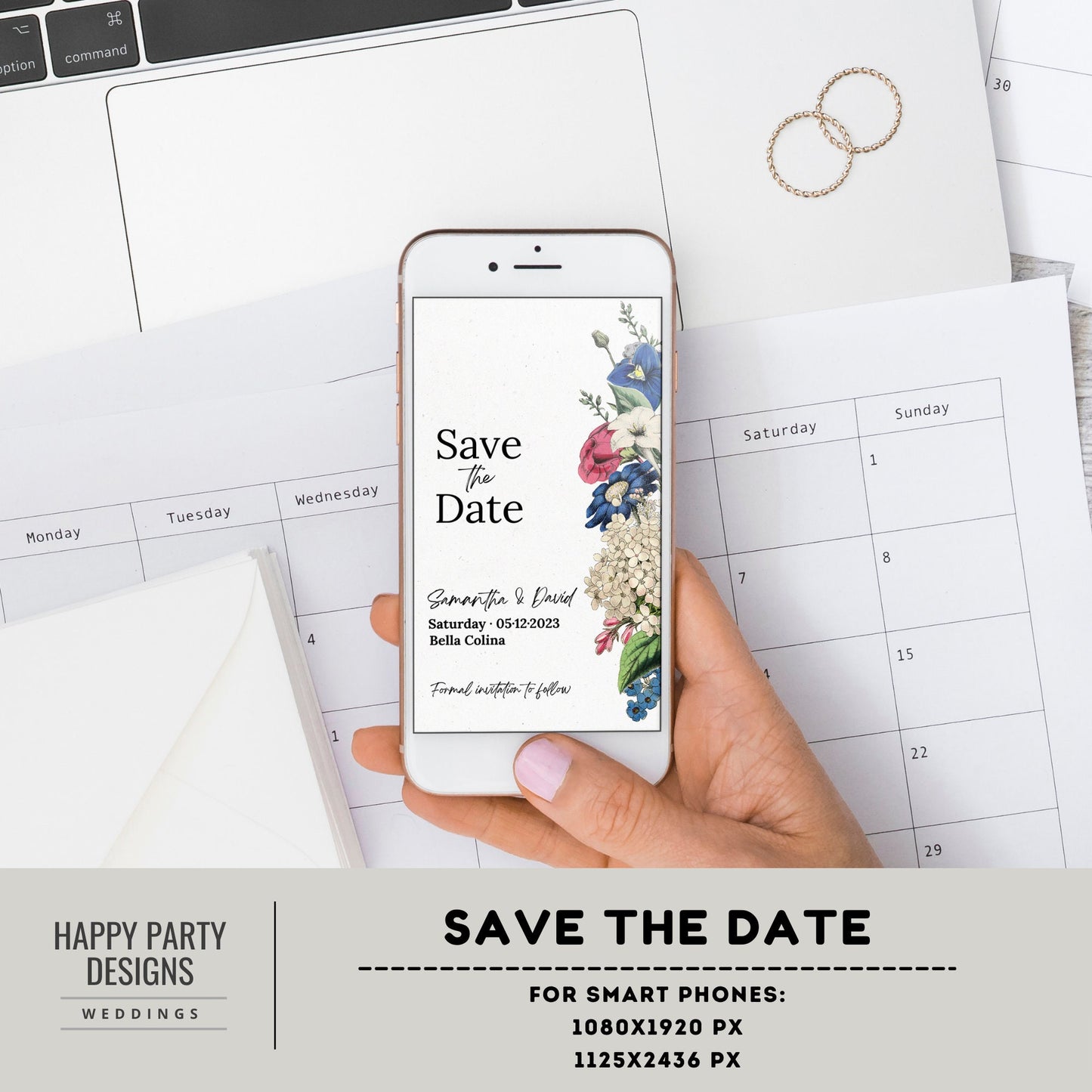 Electronic Save The Date Template | Editable electronic Royal Blue Floral save the date | Romantic wedding | Burgundy floral Wedding #W19
