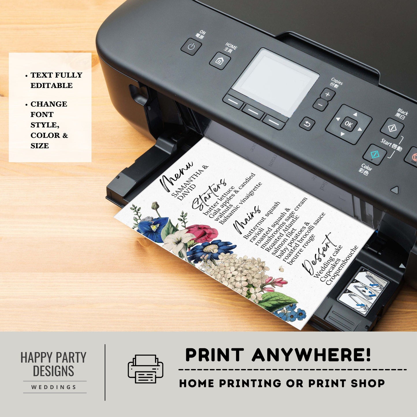 Editable floral Wedding Menu Template | Royal blue, burgundy, white Elegant Wedding Menu, Printable, Fully Editable, INSTANT Download #W19