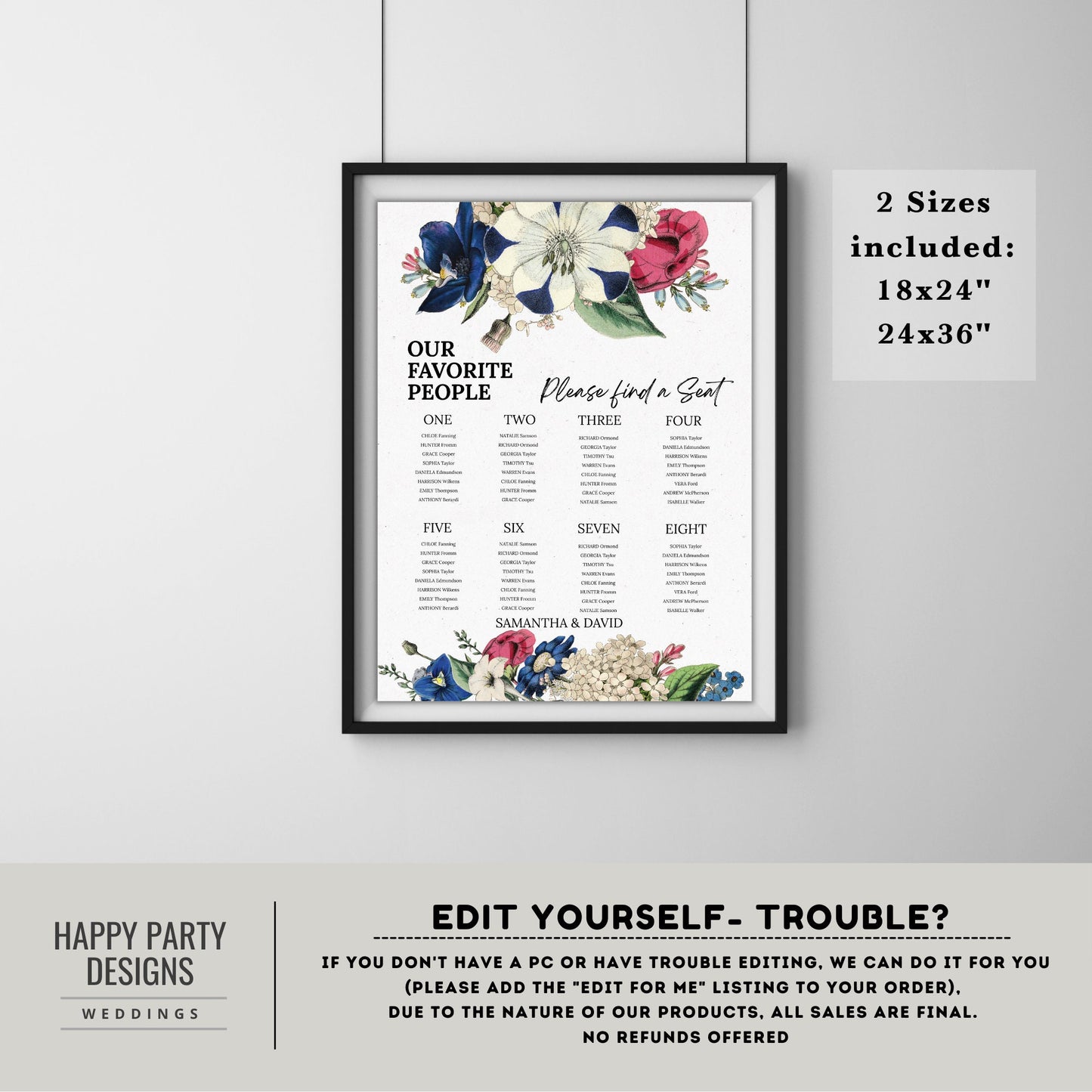 Editable Wedding Seating Chart Template | Royal wedding | wedding Decorations | Wedding Seating Plan Sign | Royal blue, Burgundy, white #W19