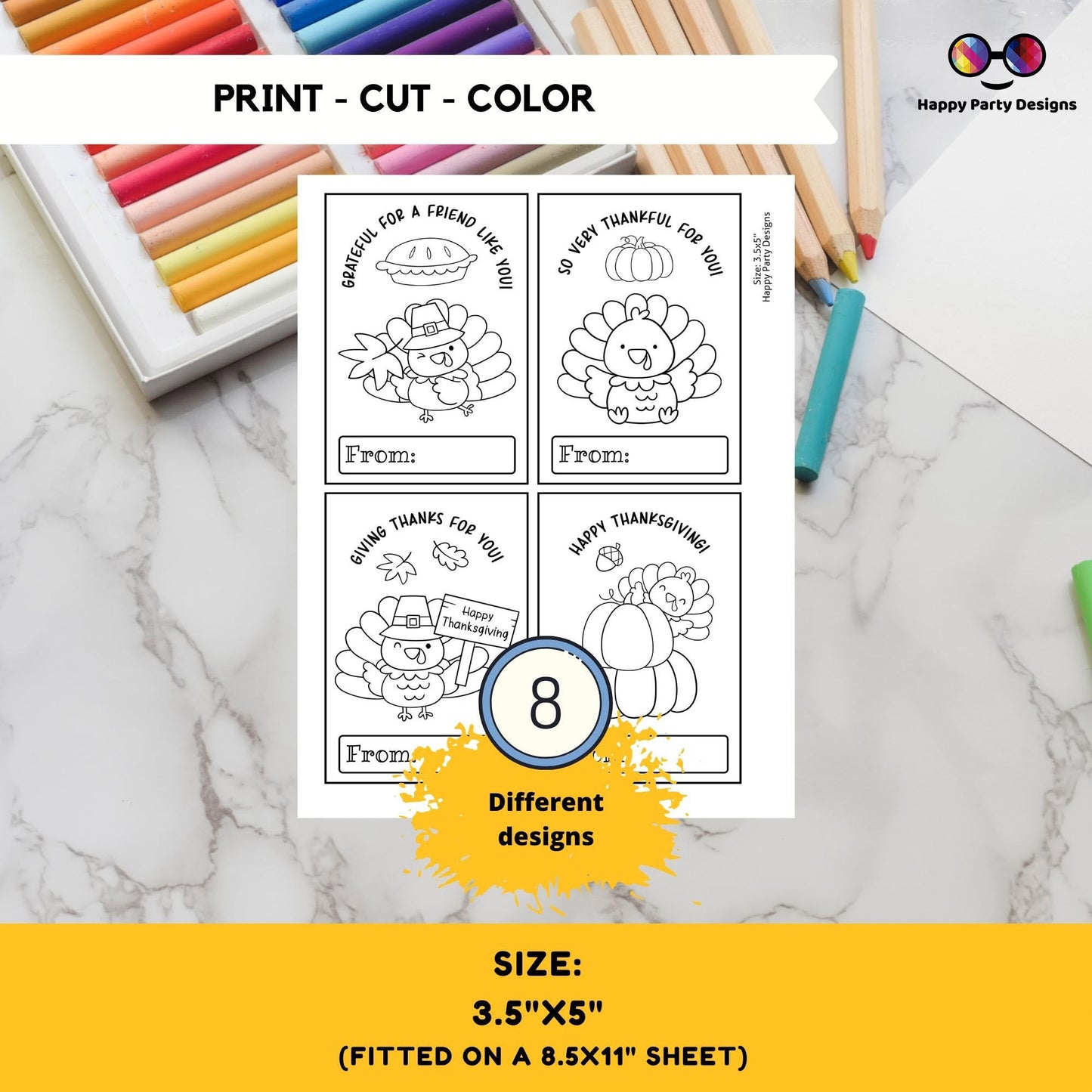 Thanksgiving Printable Coloring Cards INSTANT DOWNLOAD Set of 8 | for Kids | Thanksgiving Coloring Activity | Thanksgiving activity