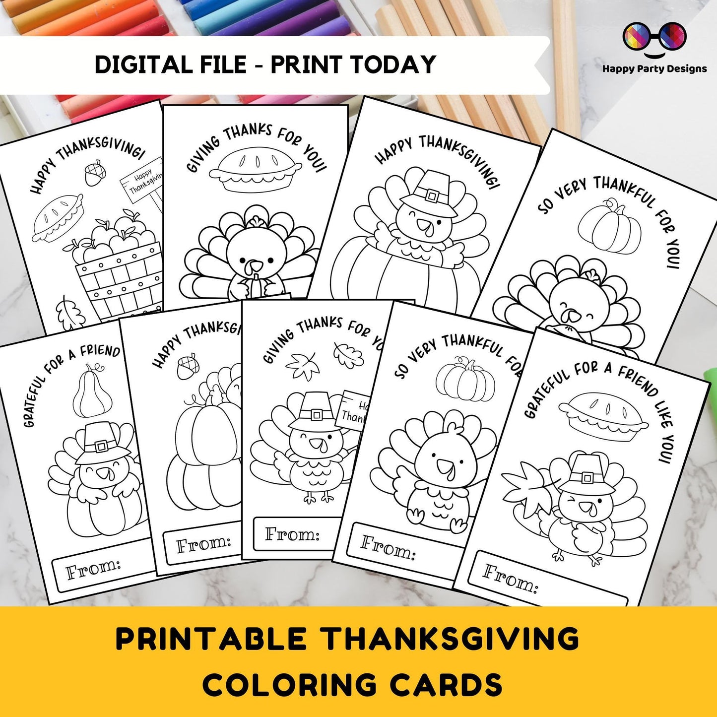 Thanksgiving Printable Coloring Cards INSTANT DOWNLOAD Set of 9 | for Kids | Thanksgiving Coloring Activity | Thanksgiving activity