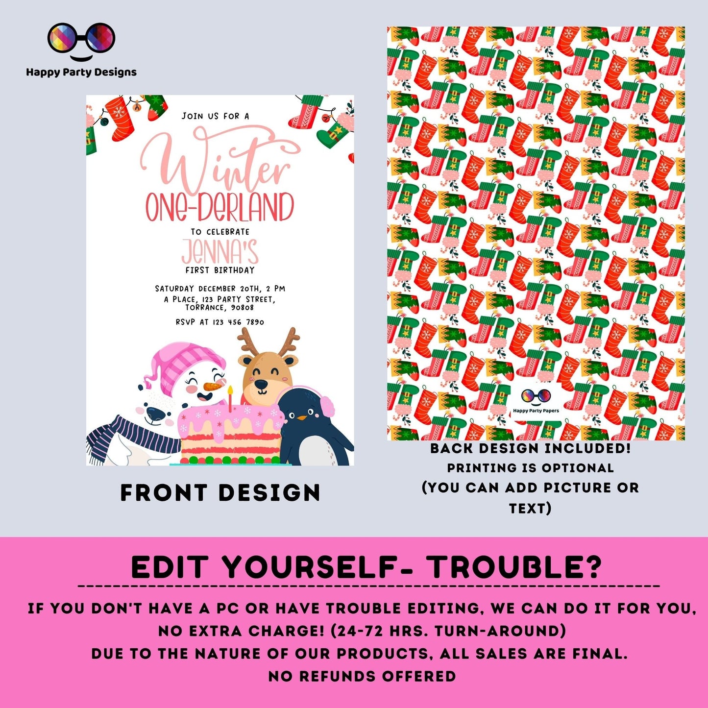 Editable Winter One-derland invitation | Digital winter birthday printable invite | Birthday girl | winter animals Invitation #K239