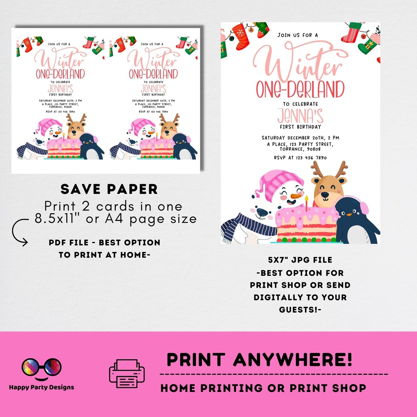 Editable Winter One-derland invitation | Digital winter birthday printable invite | Birthday girl | winter animals Invitation #K239