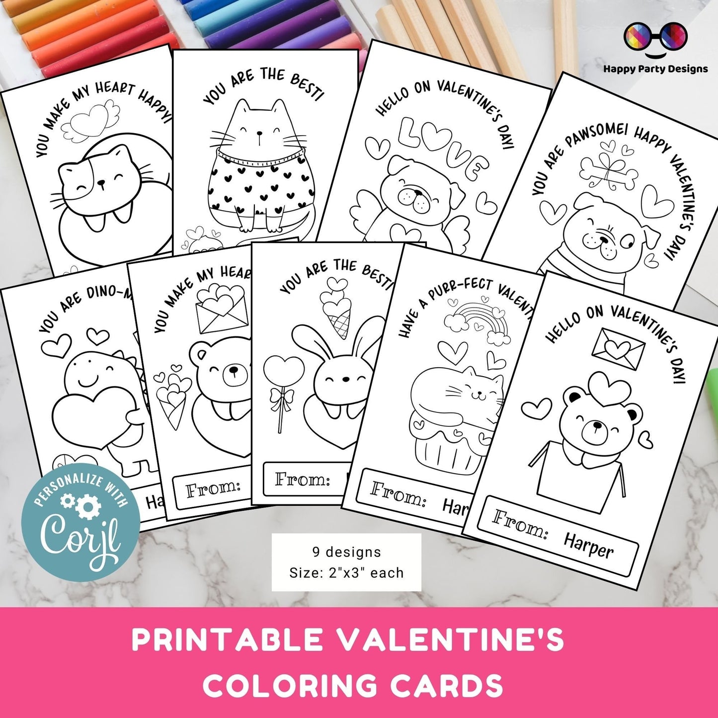 Valentines Printable Coloring Cards Editable Set of 9 | for Kids | Valentines Coloring Activity | Valentines activity