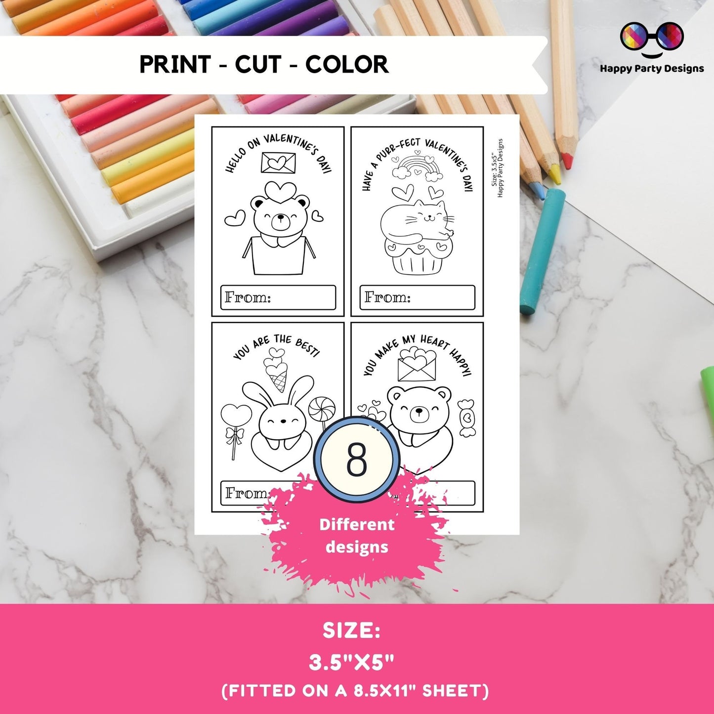 Valentines Printable Coloring Cards Editable Set of 8 | for Kids | Valentines Coloring Activity | Valentines activity
