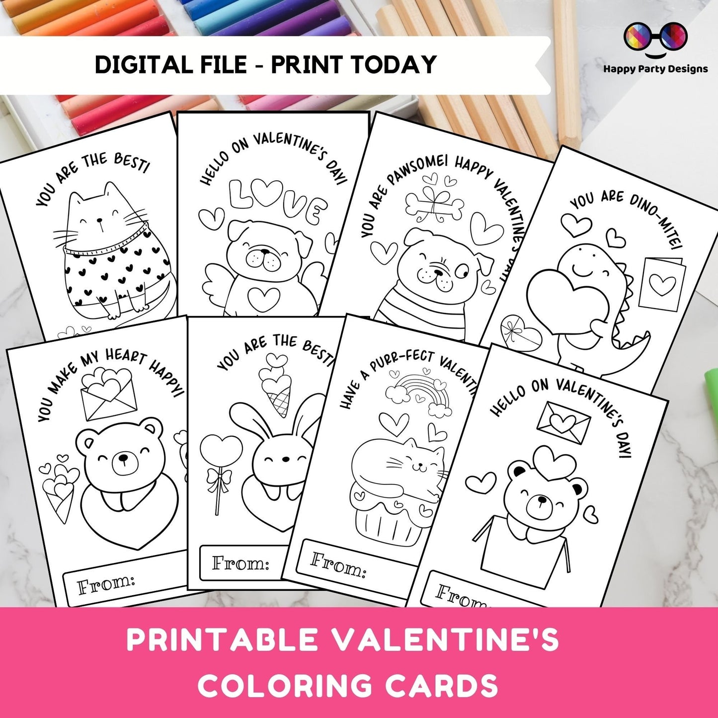 Valentines Printable Coloring Cards Editable Set of 8 | for Kids | Valentines Coloring Activity | Valentines activity